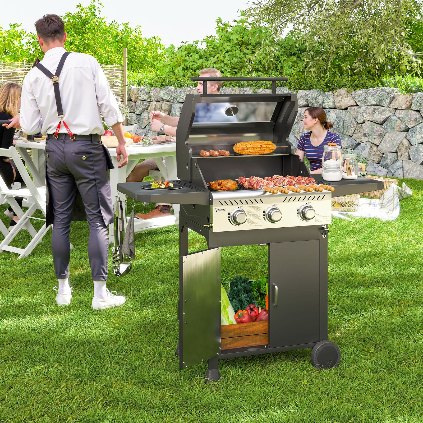 Outsunny 3 Burner Gas Bbq Trolley With Lid