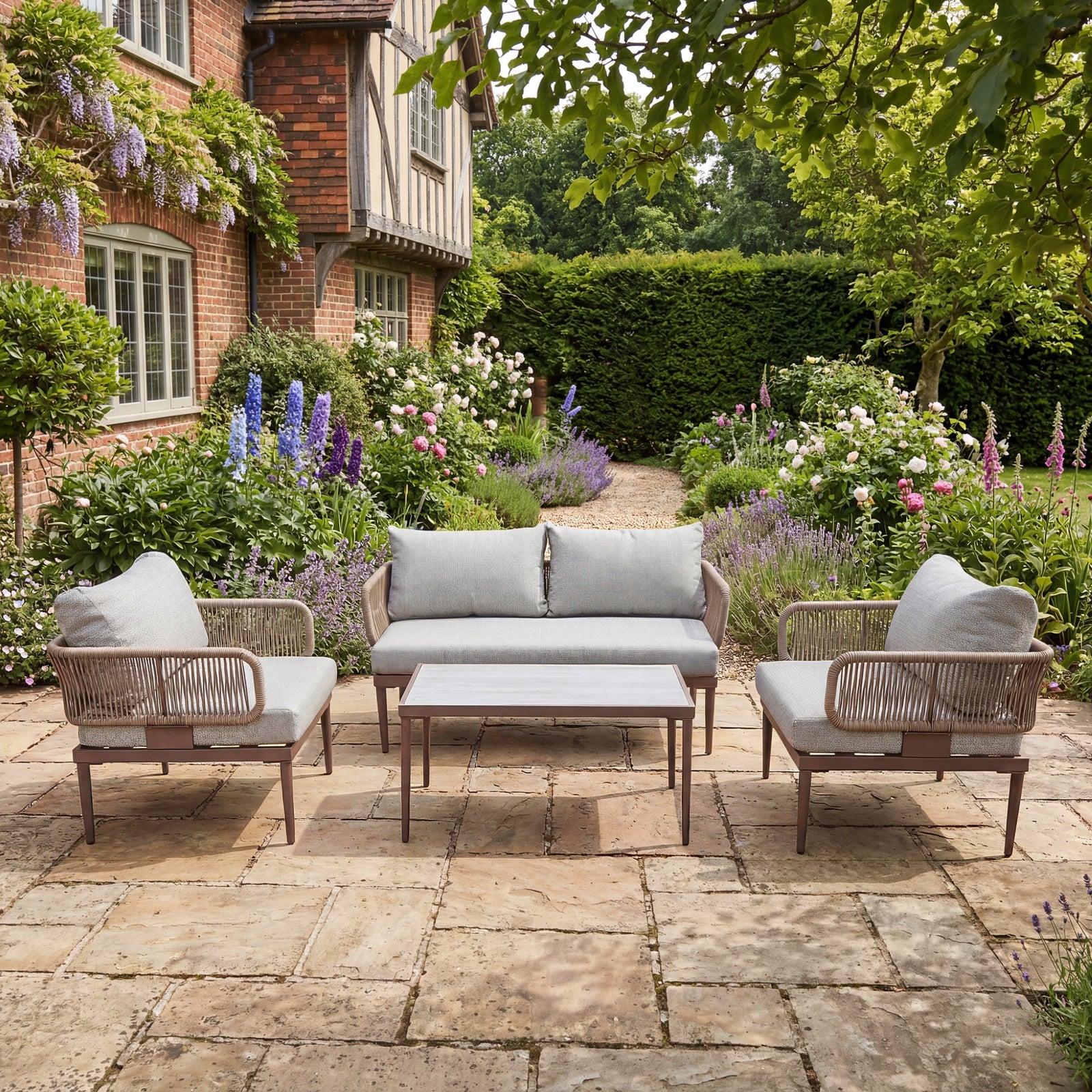 Soveria Outdoor Conversation Set - 2 Seat Sofa, 2 X Chairs + Table | Brown