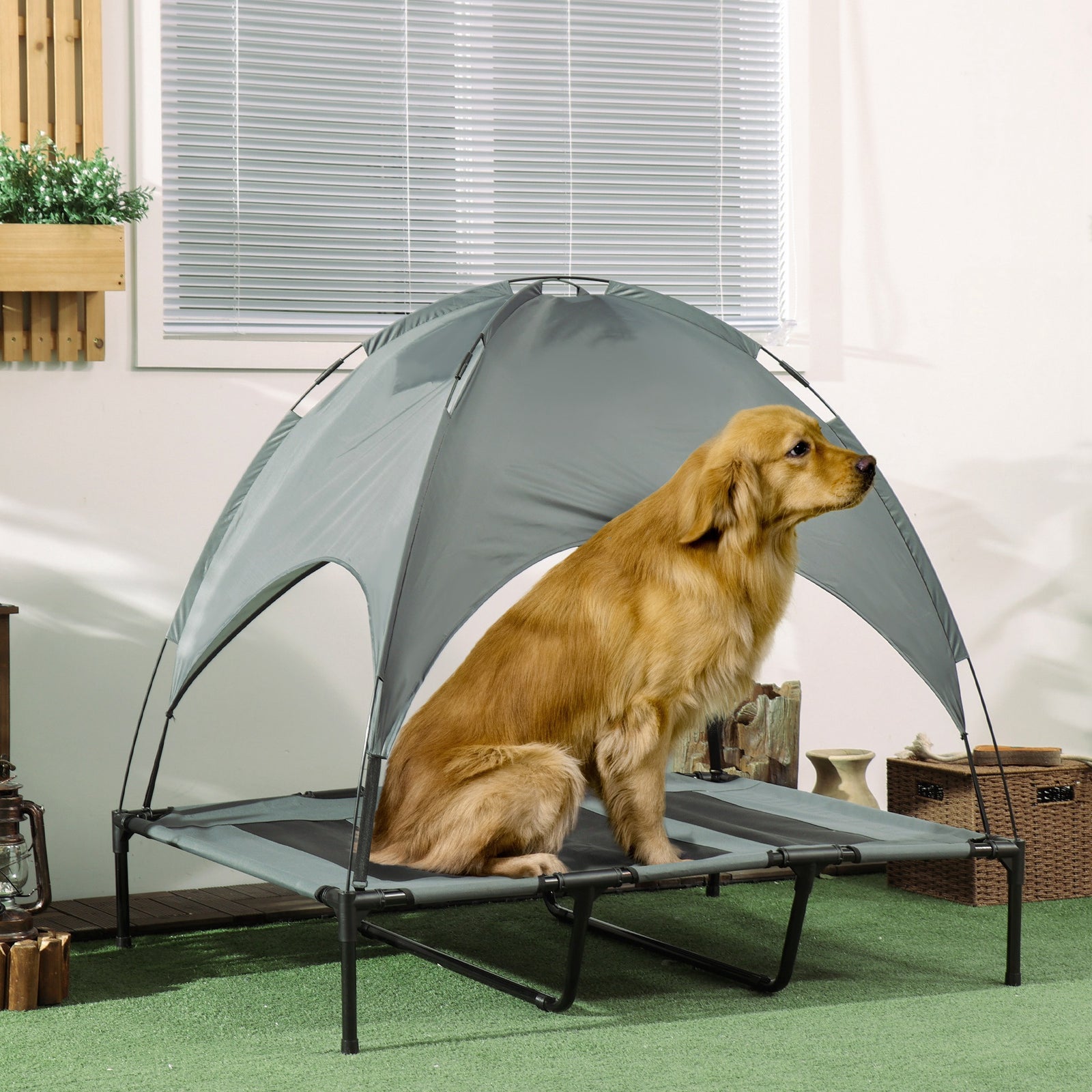 Pawhut 122cm Elevated Dog Bed Cooling Raised Pet Cot Uv Protection Canopy | Gray