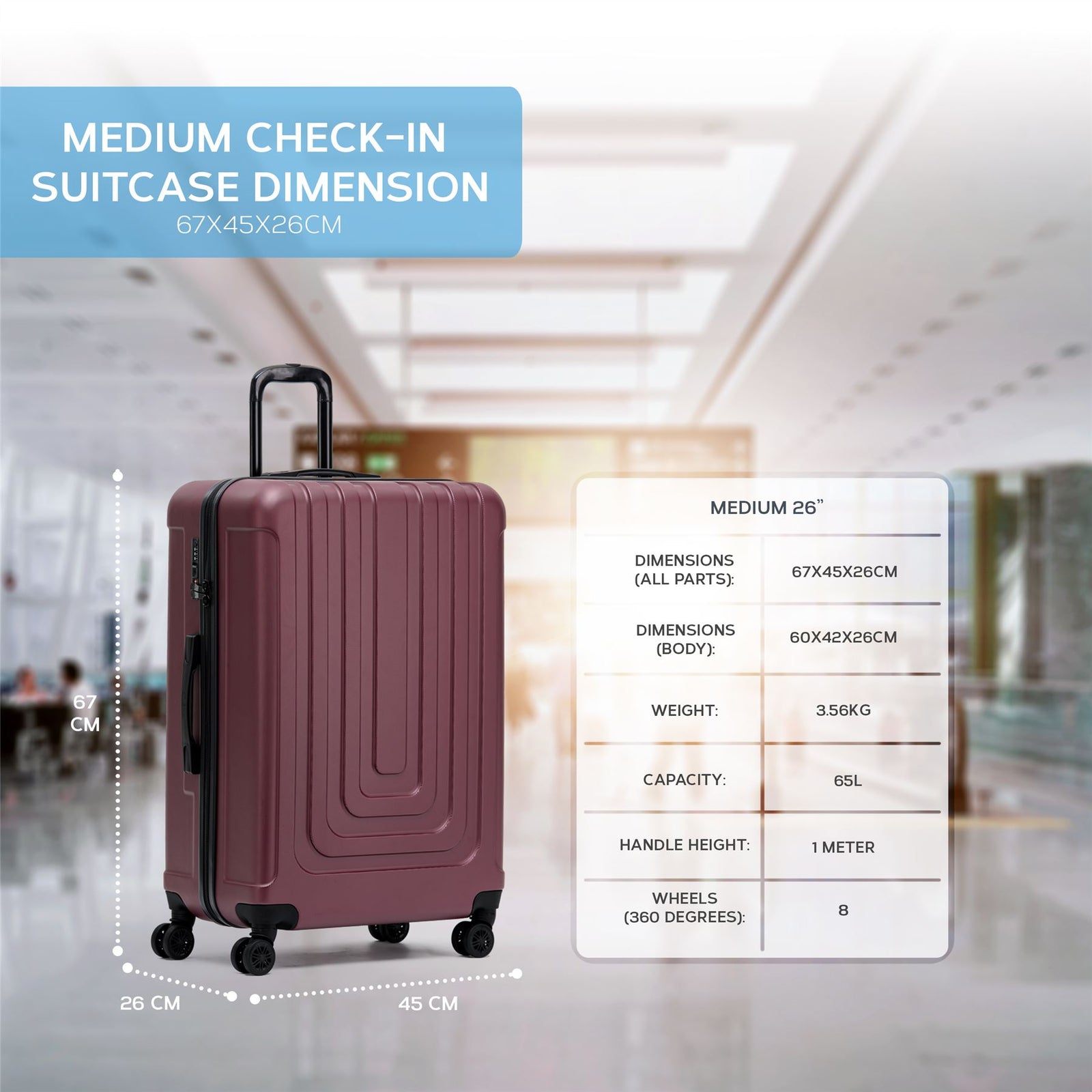 Medium 26" Hard Shell Check In Suitcase 8 Spinner Wheels Hold Luggage | Medium | Burgundy
