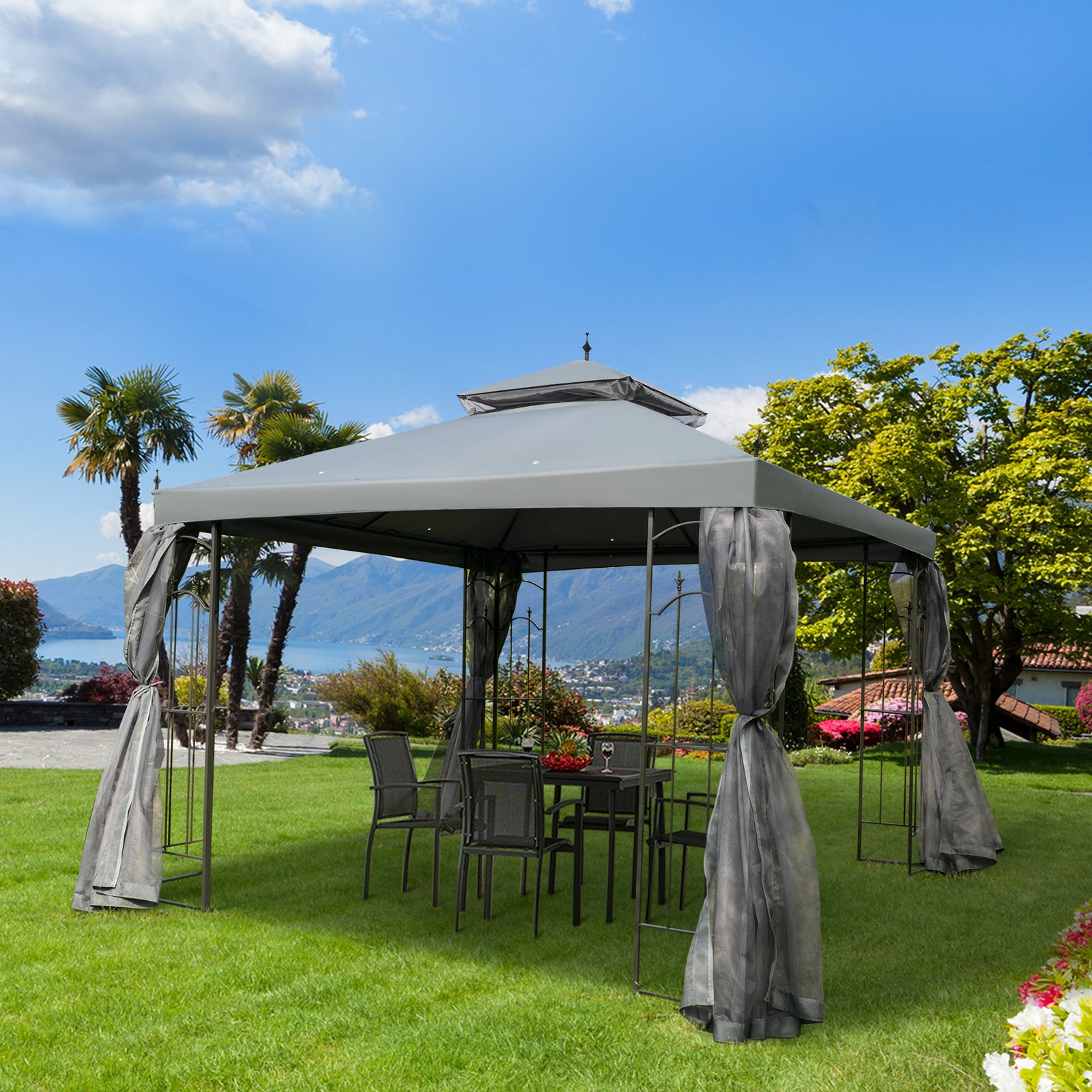 3 X 3(m) Garden Gazebo Double Top Gazebo Canopy W/ Curtains | Gray