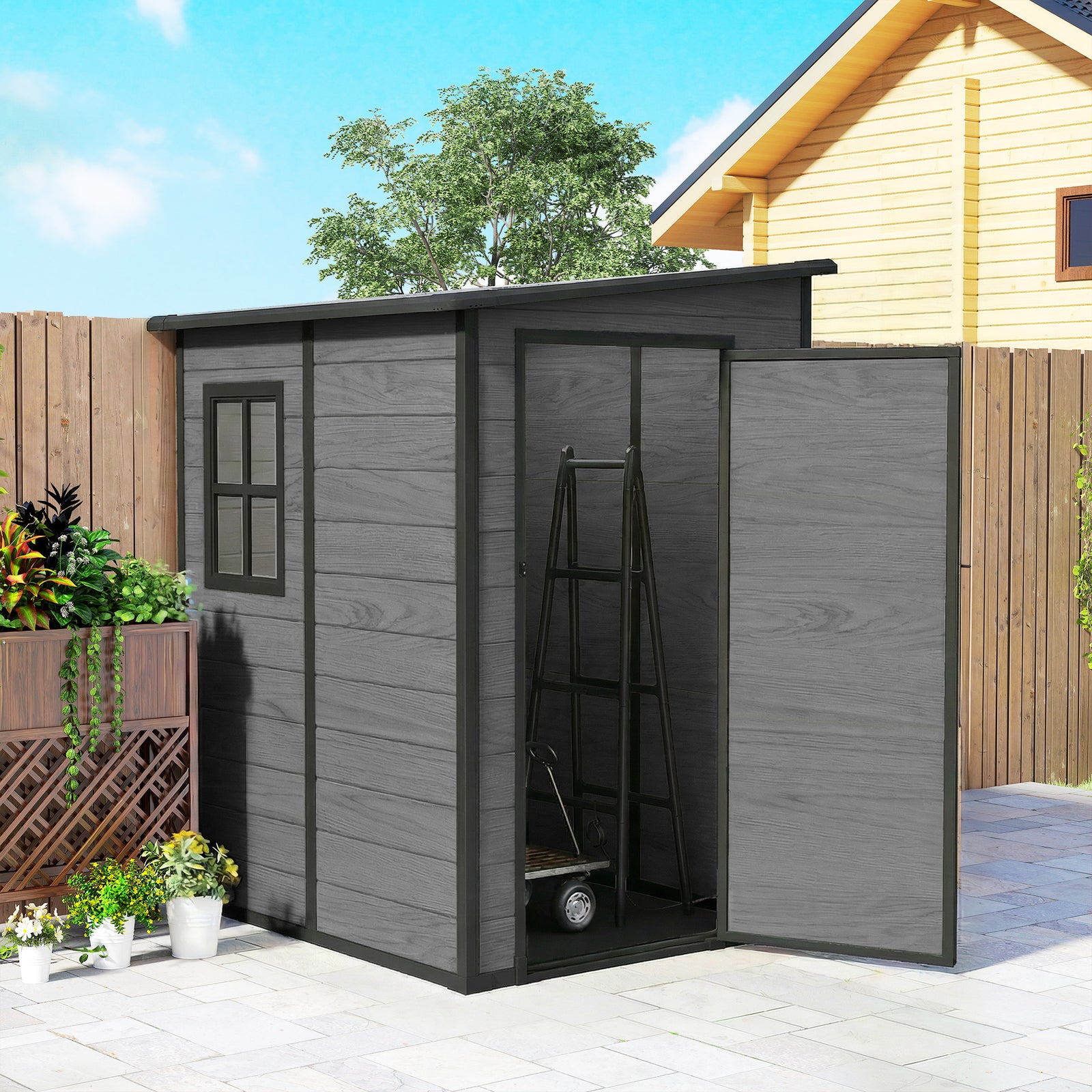 Lean To Garden Shed, Plastic Tool Storage House W/ Lockable Door | Dark Grey