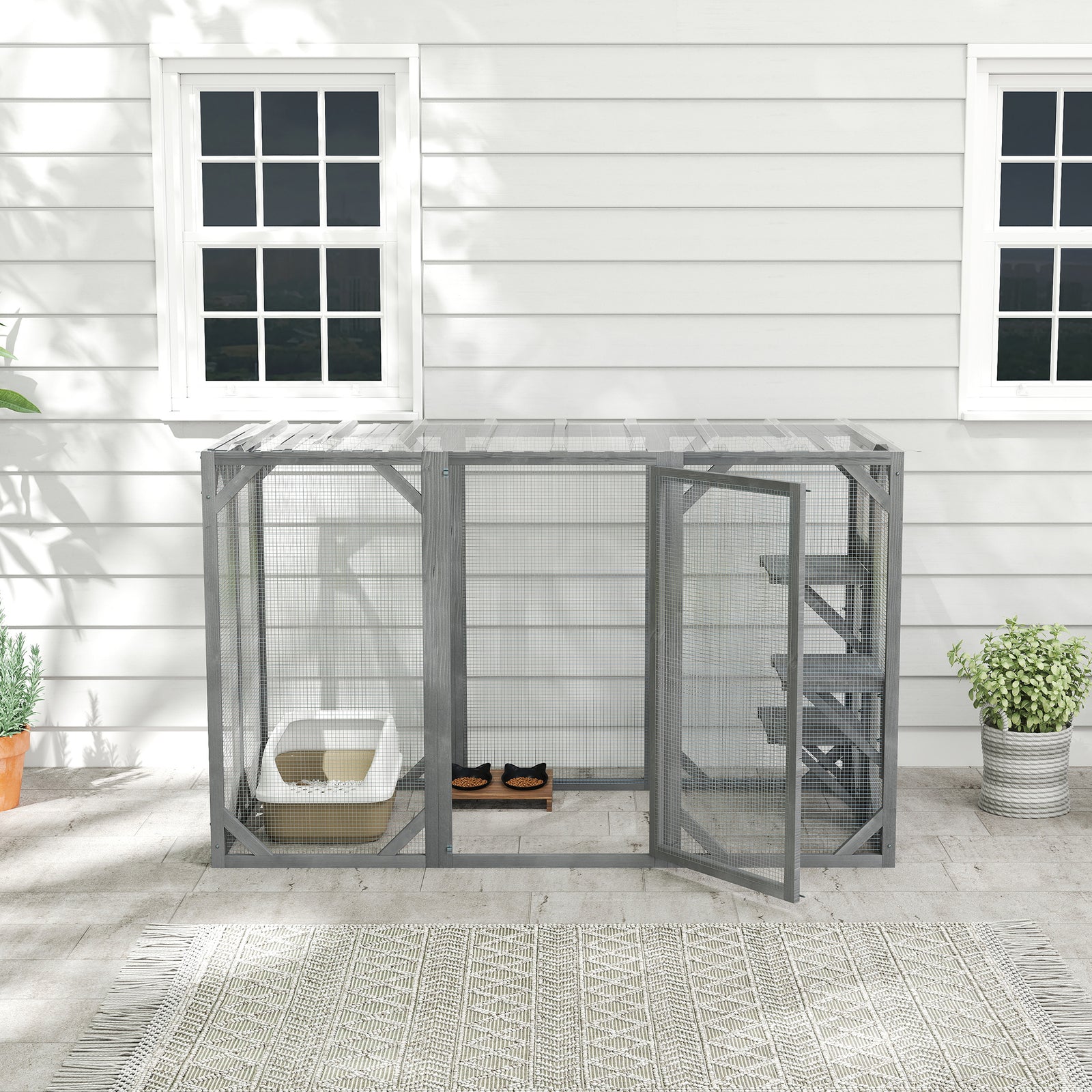 Wooden Cat House, 71" Catio Outdoor Cat Enclosure With 3 Platforms, Large Door