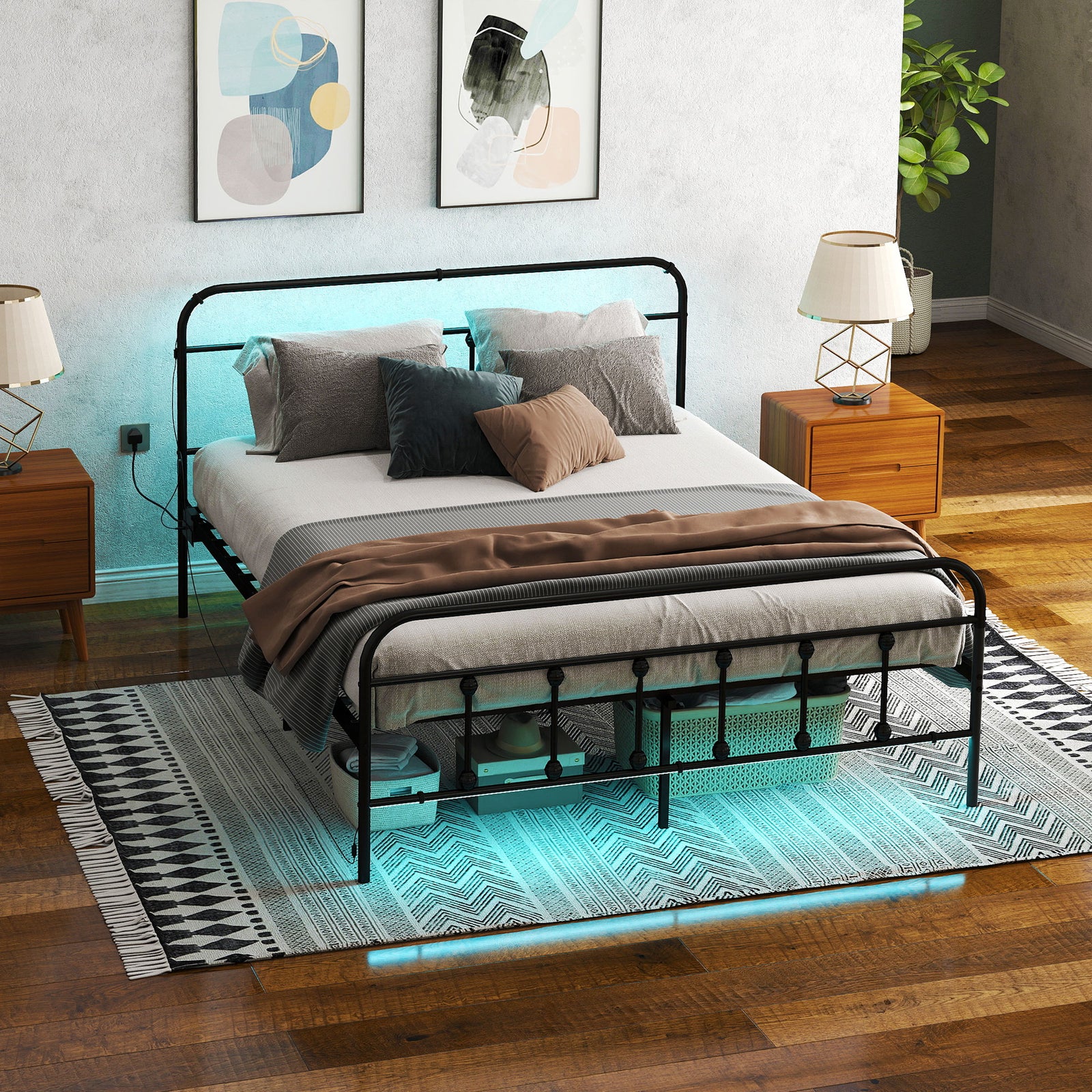 Bed Frame With Led Lights And Charging Station | King | Black