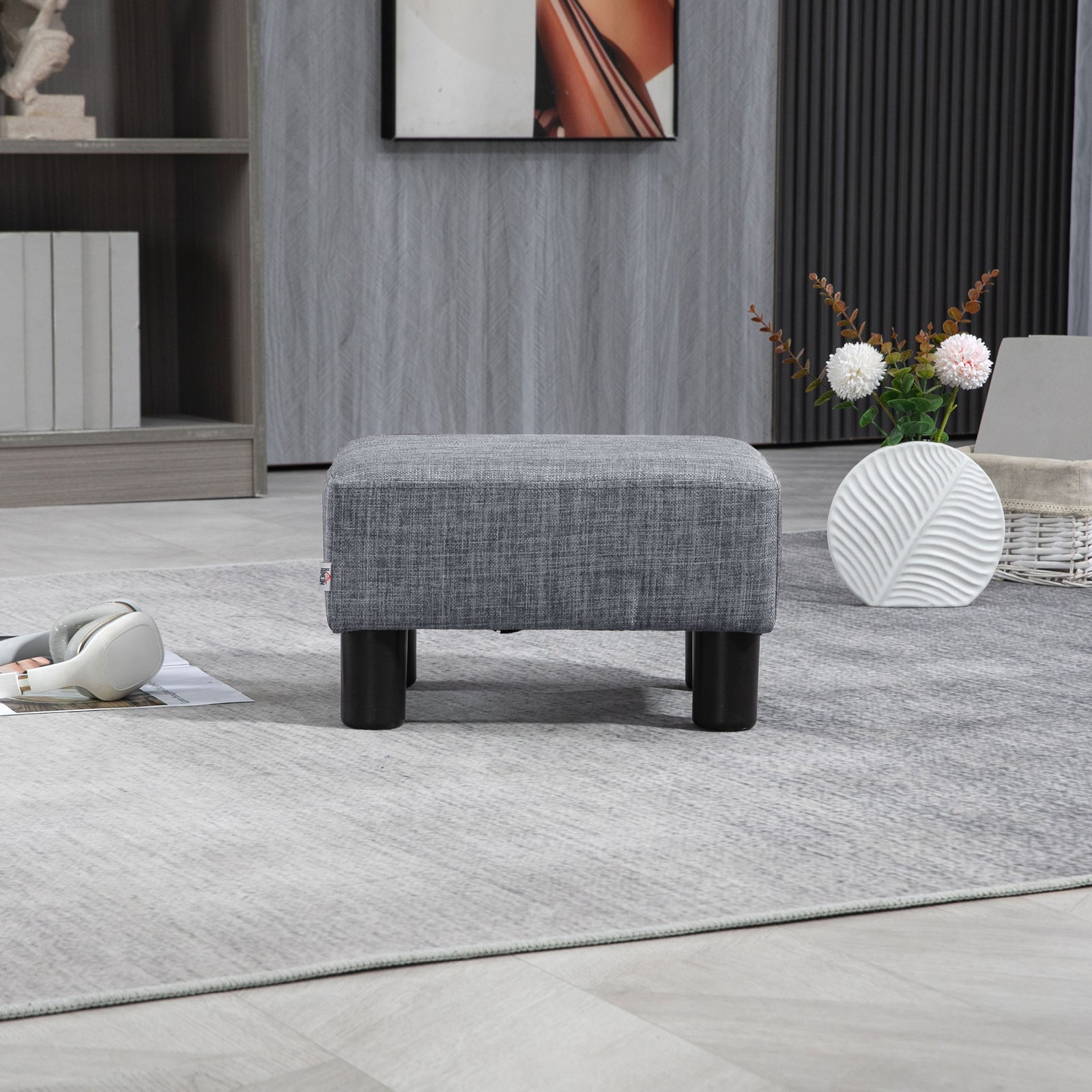 Chic Linen Fabric Footstool Ottoman Cube 4 Plastic Legs | One Size | Gray