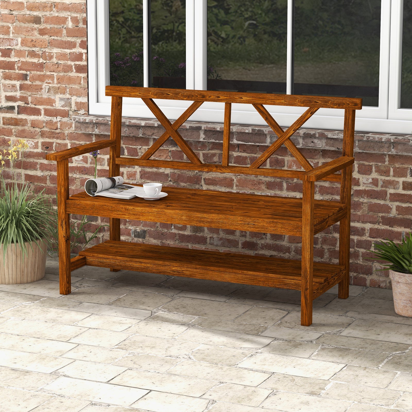 Wooden Garden Bench W/ Armrests