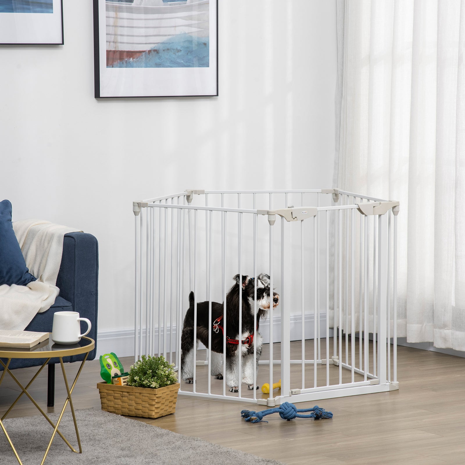 Pet Safety Gate 5 Panels Playpen Metal Fence W/ Walk Through Door | White