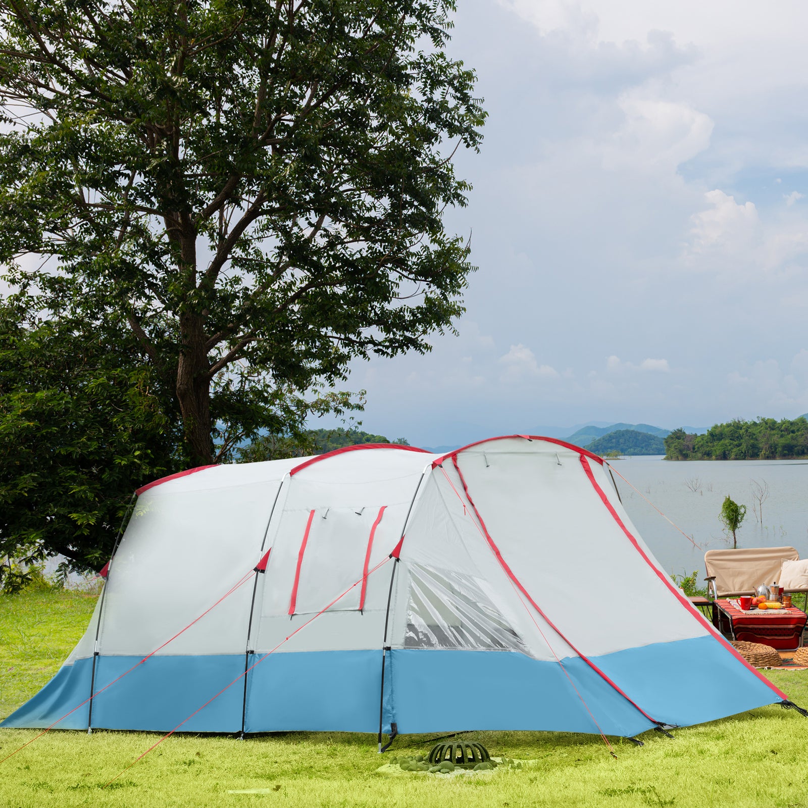 6-8 Person Tunnel Tent, Two-room Camping Tent With Carry Bag | Blue