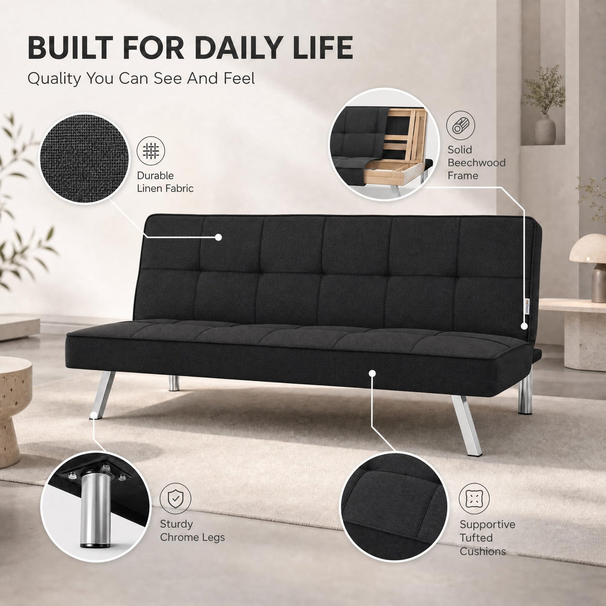 Britney Linen Sofa Bed 3 Seater | Black