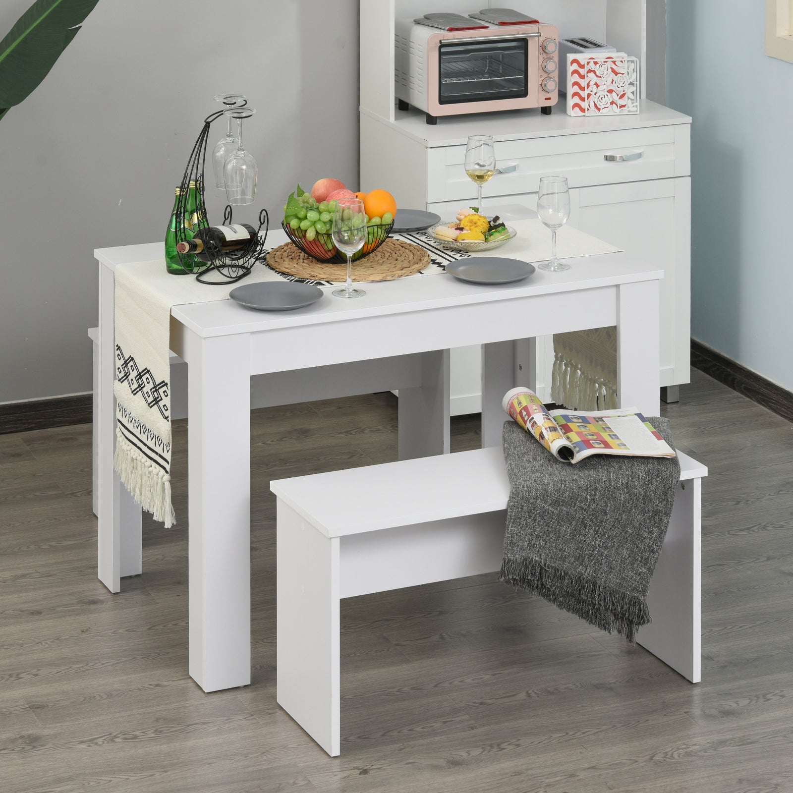 3 Pcs Modern Dining Table Set   Table 2 Bench Seats Compact