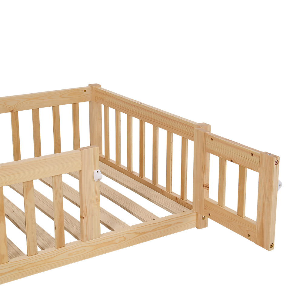 Natural Pine Wood House-140cm X 70cm Shaped Children’s Bed Frame With Guardrails