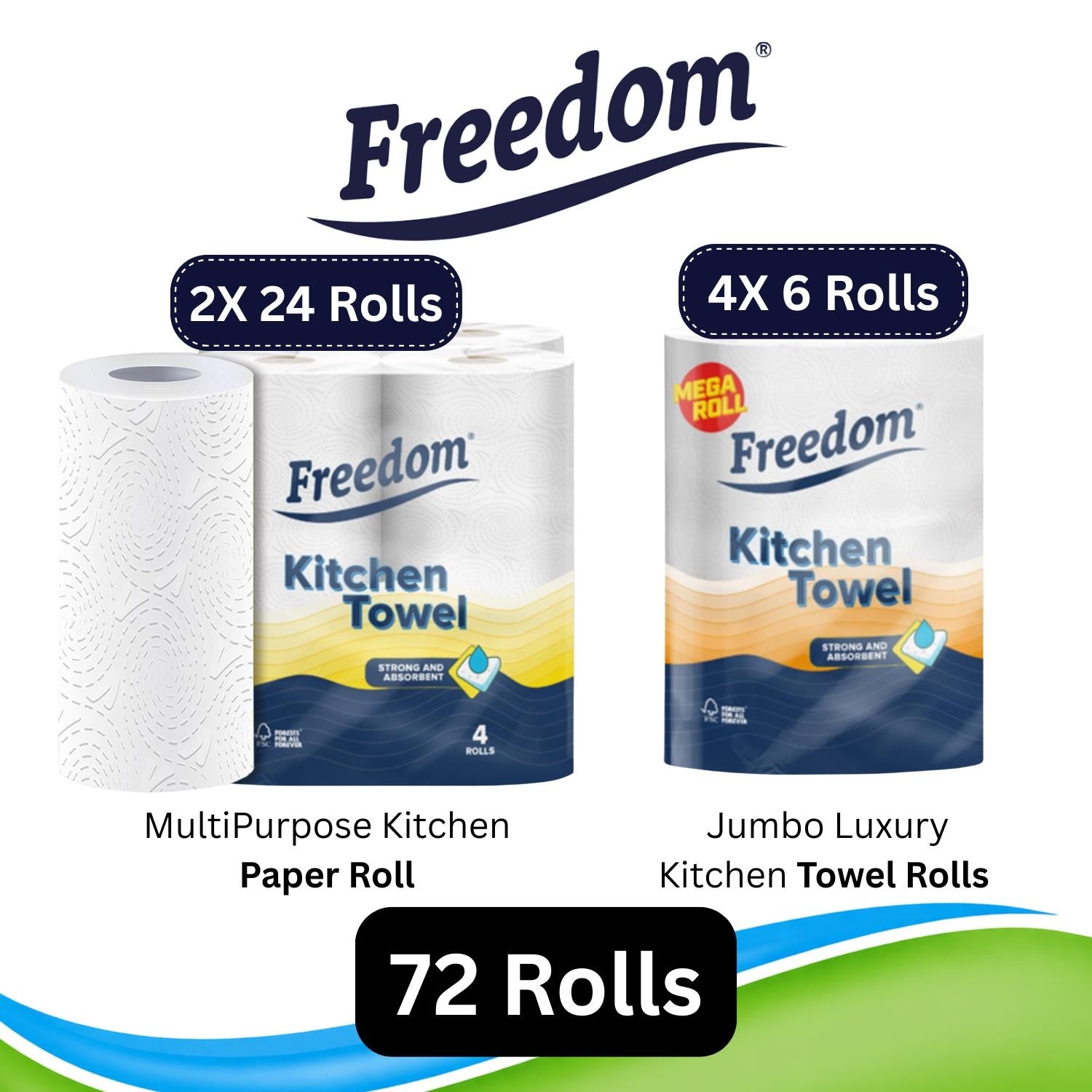 Freedom Soft White 3-ply 90 Rolls + Rhino Jumbo Kitchen Towels 24 Rolls