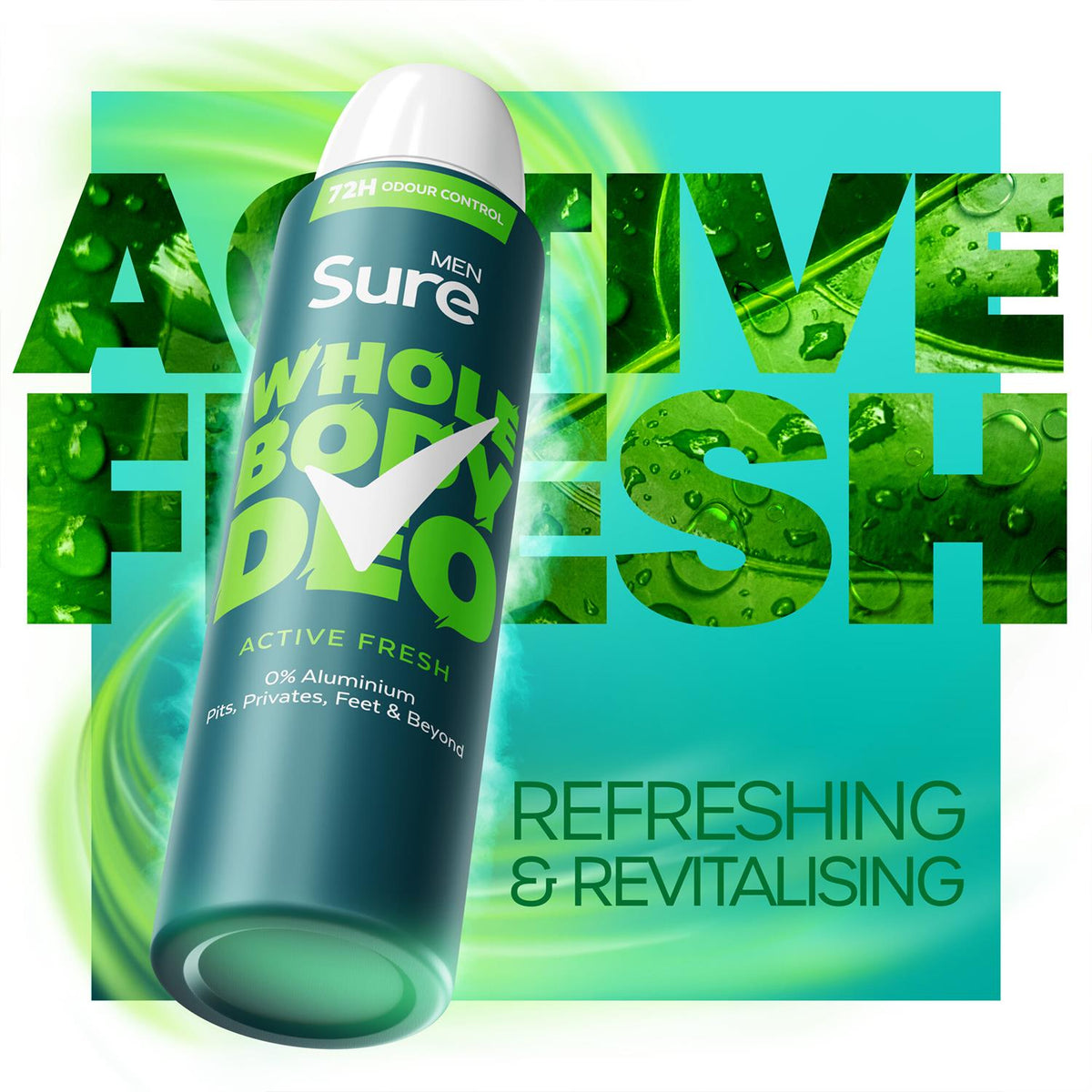 Men Whole Body Deodorant Spray Active Fresh W/ 72h Odour Control 150ml, 3pk | Set of 3