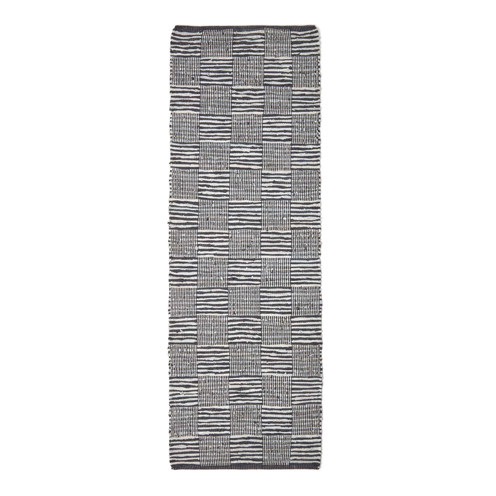 Black & White Real Leather Handwoven Striped Block Check Rug | 200cm | Black & White