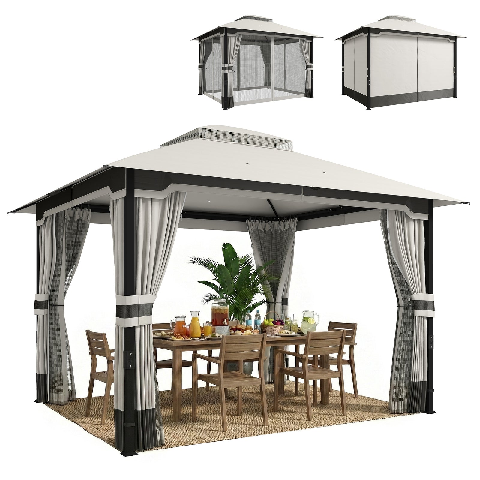 3 X 3.6 M Outdoor Garden Gazebo With Netting, Curtains | Light Grey