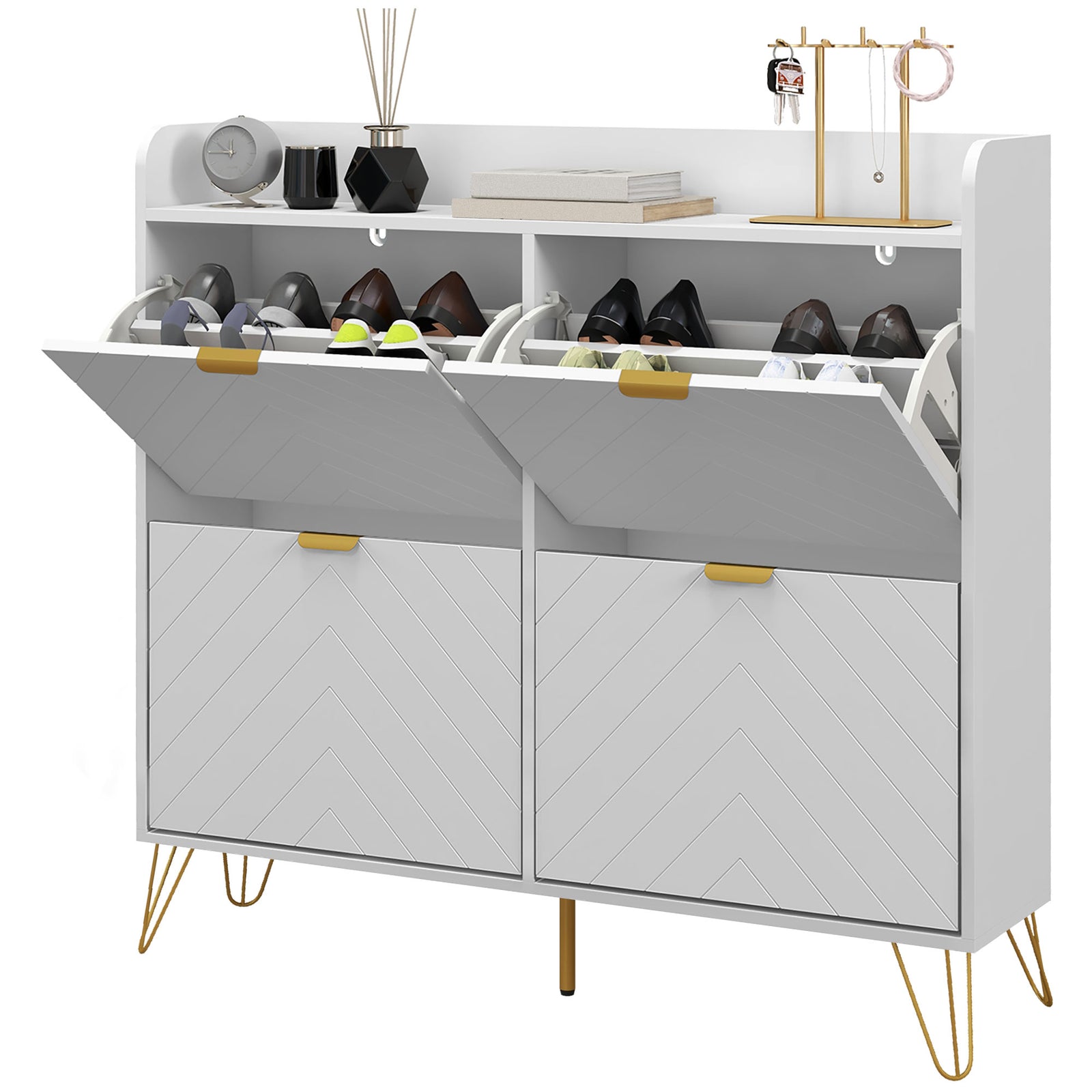 Narrow Shoe Storage Cabinet With 4 Flip Drawers For 16 Pairs