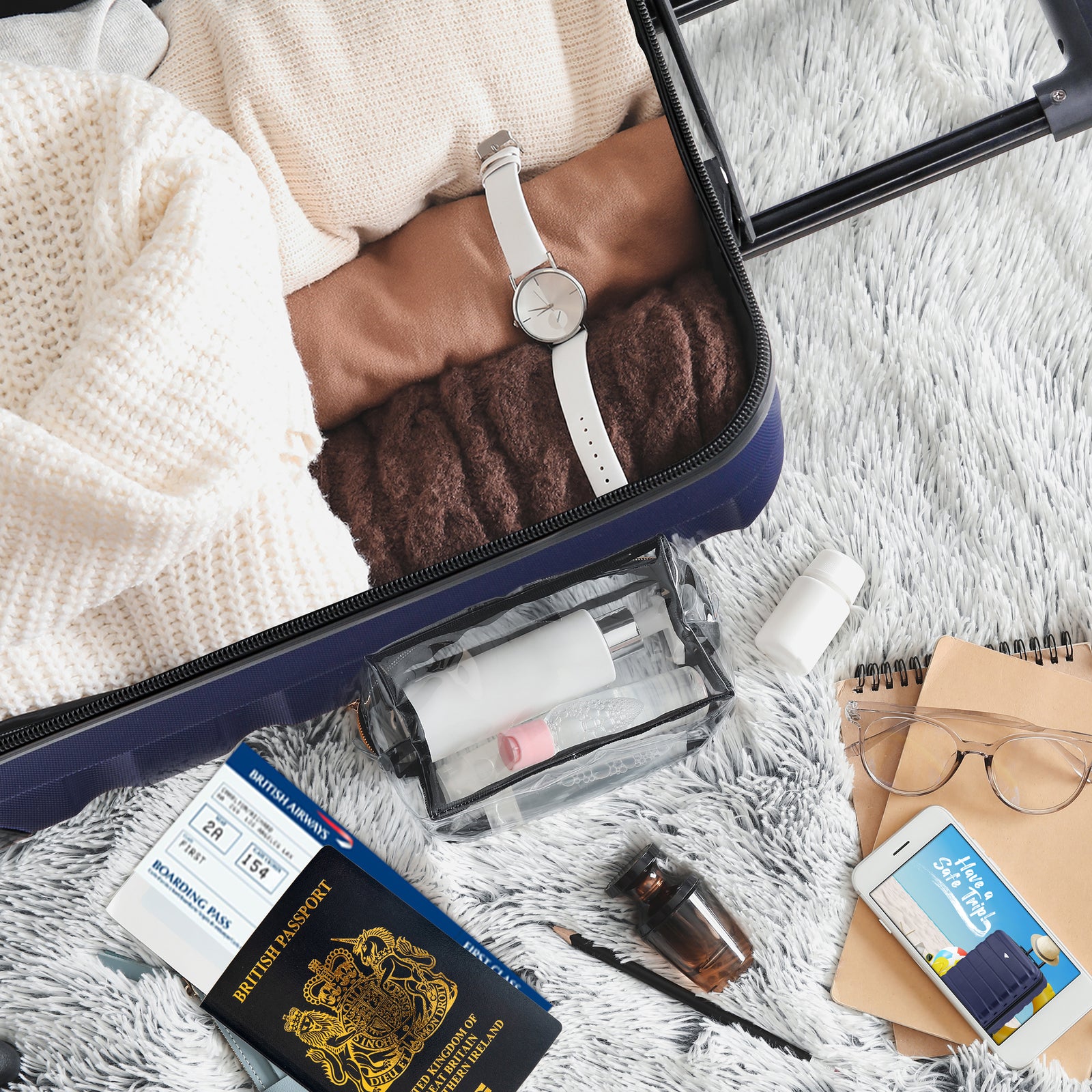56x45x25cm Hard Cabin Suitcase - Lightweight 2-Wheel ABS Carry On Hand Luggage | Cabin | Navy Blue
