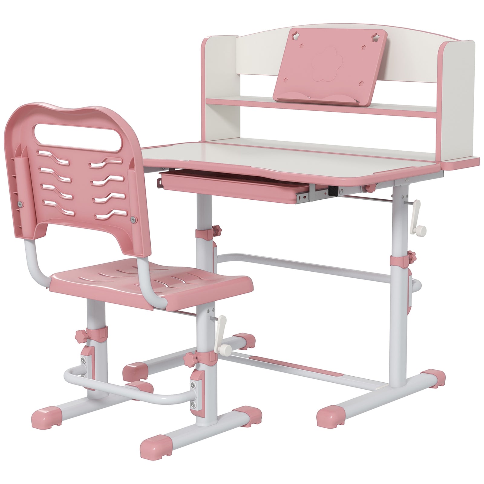 Height Adjustable Kids Desk And Chair Set, With Drawer, Bookshelf | Pink