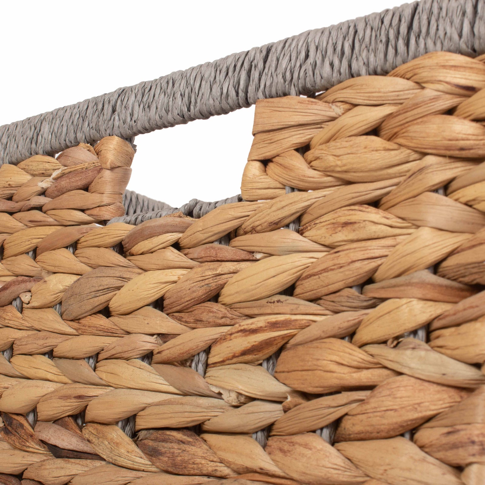 Water Hyacinth Square With Grey Rope Border Storage Basket | Small | Brown