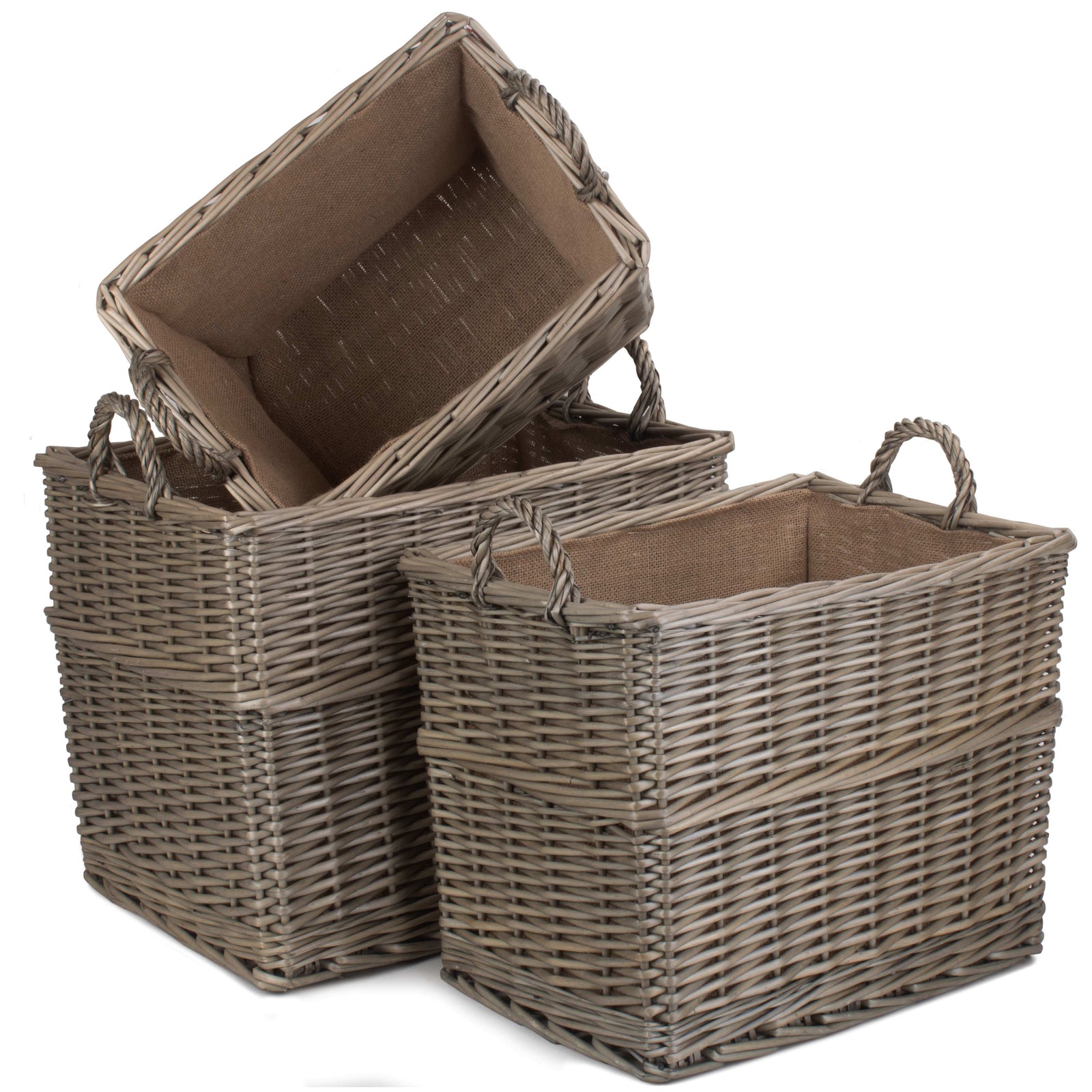 Wicker Rectangular Hessian Lined Log Storage Basket | Set-of-3 | Brown