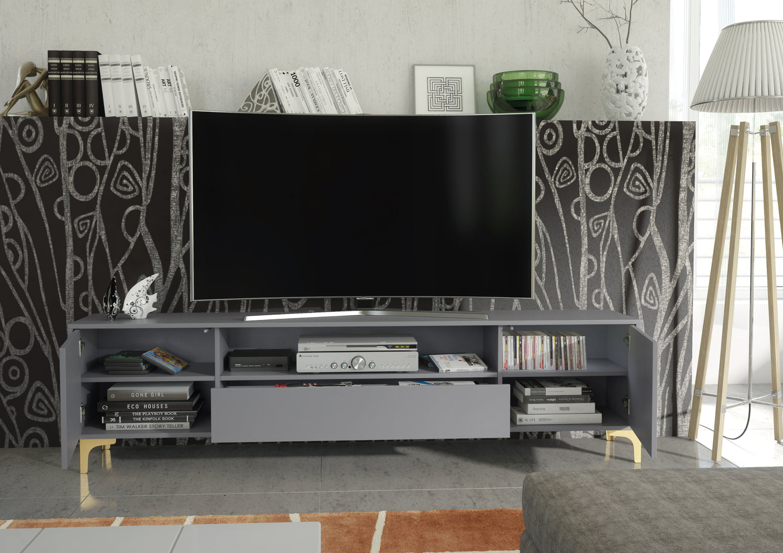 Tide Crest Gold Tv Unit 200cm - Fluted Design | Dark Grey