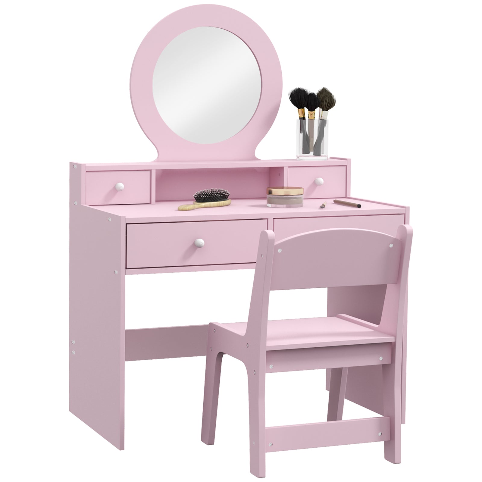 Kids Dressing Table Set W/ Stool, Mirror, Drawers - Pink | Pink