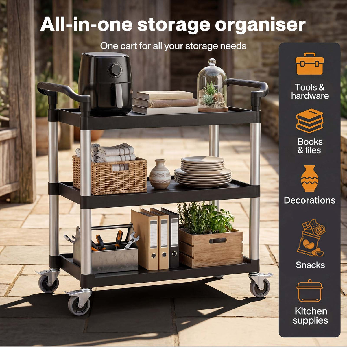 Tool Trolley 3 Tier Rolling Storage Cart Multi-functional Workplace Black | Black