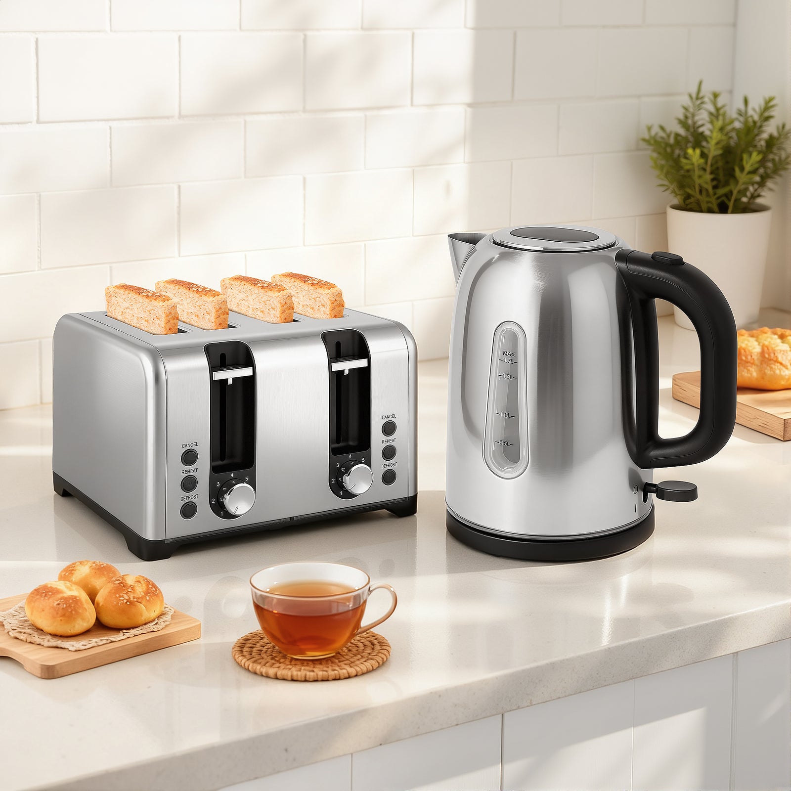 4 Slice Wide Slot Toaster And 1.7l Rapid Boil Kettle Set | Silver