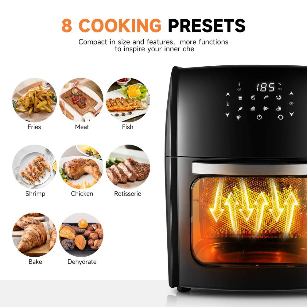 12l Digital Air Fryer Oven With Rotisserie & Skewer Set – 1800w Large Capacity, Touch Panel, 8 Preset Modes, Mesh Tray & Oil Collection Tray