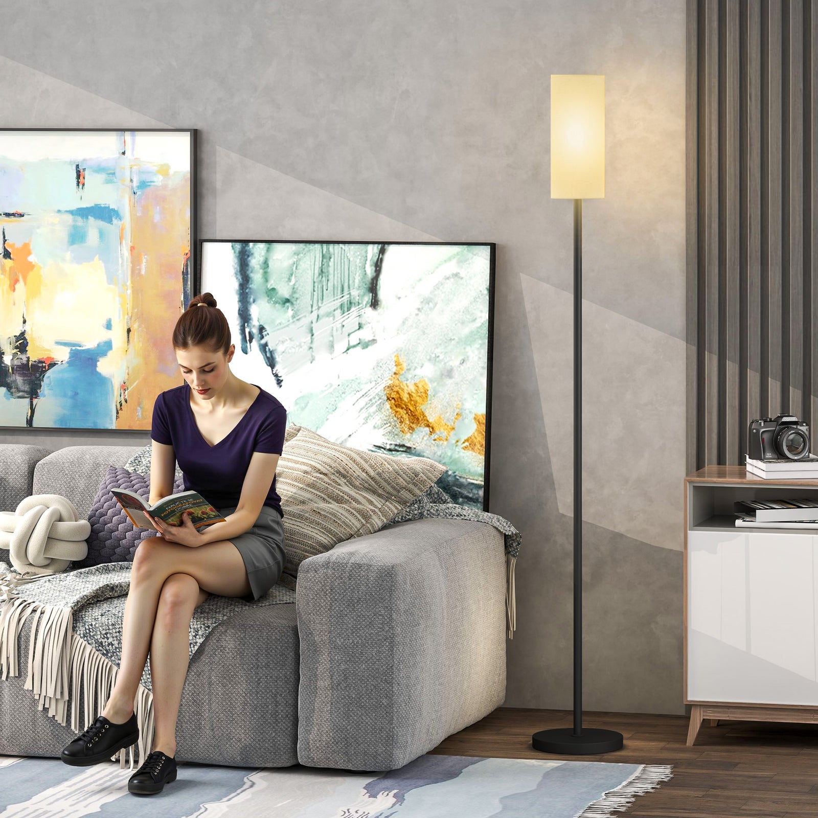 Floor Lamp With Linen Shade & Foot Switch For Living Room