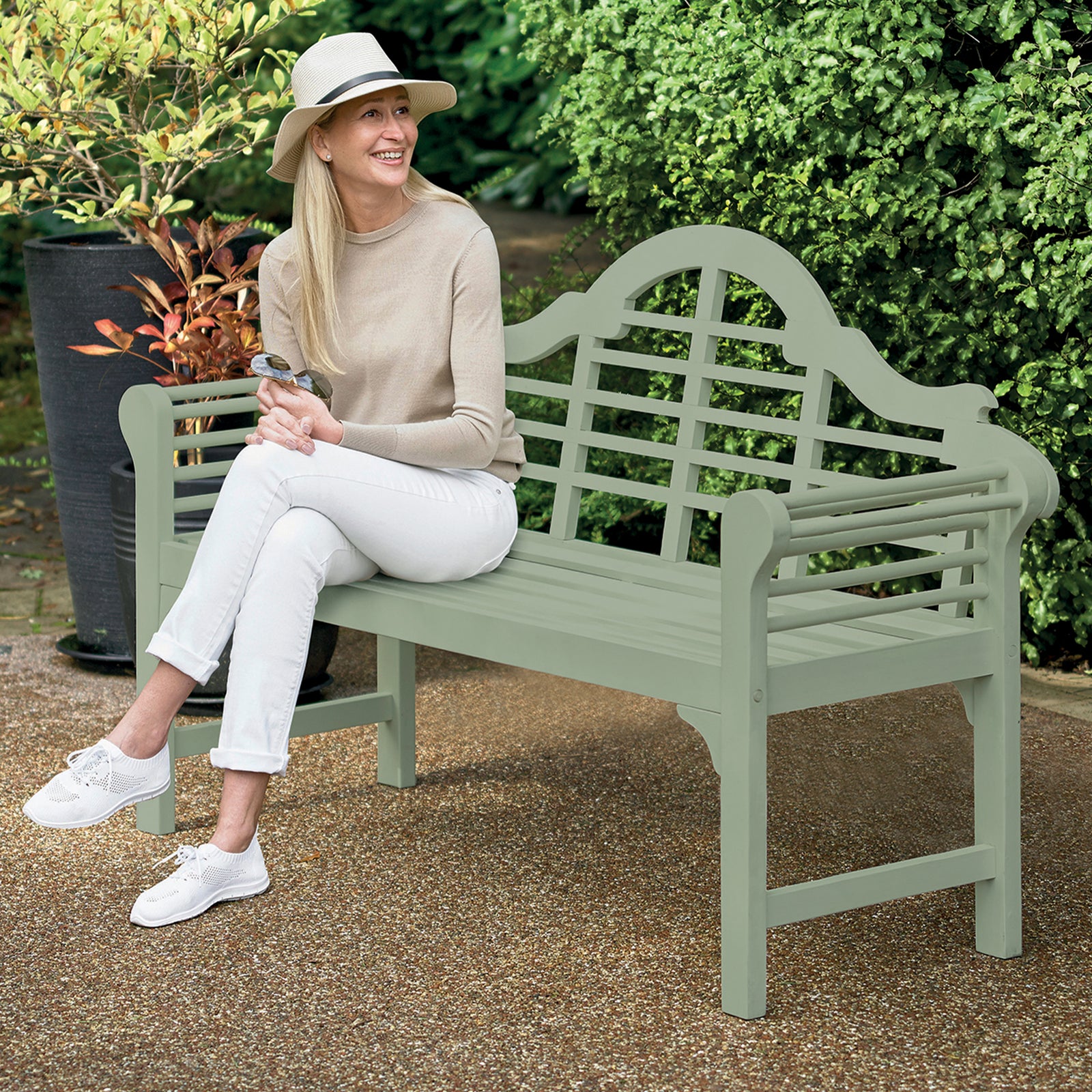 Lutyens Style Pu Painted Wooden Garden Bench | Sage Green