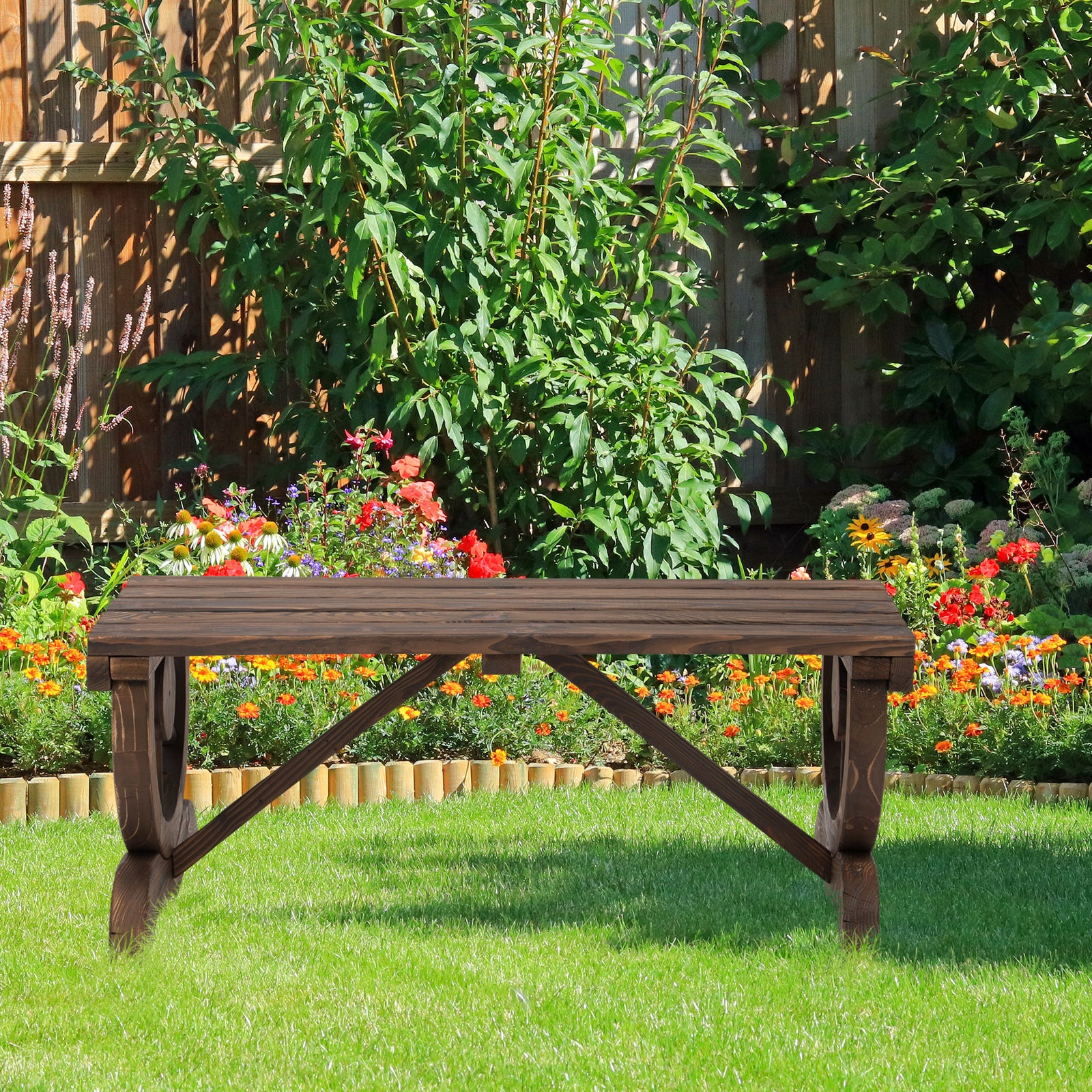 Rustic Wooden 2-person Bench Wheel-shaped Legs Reinforced | Brown