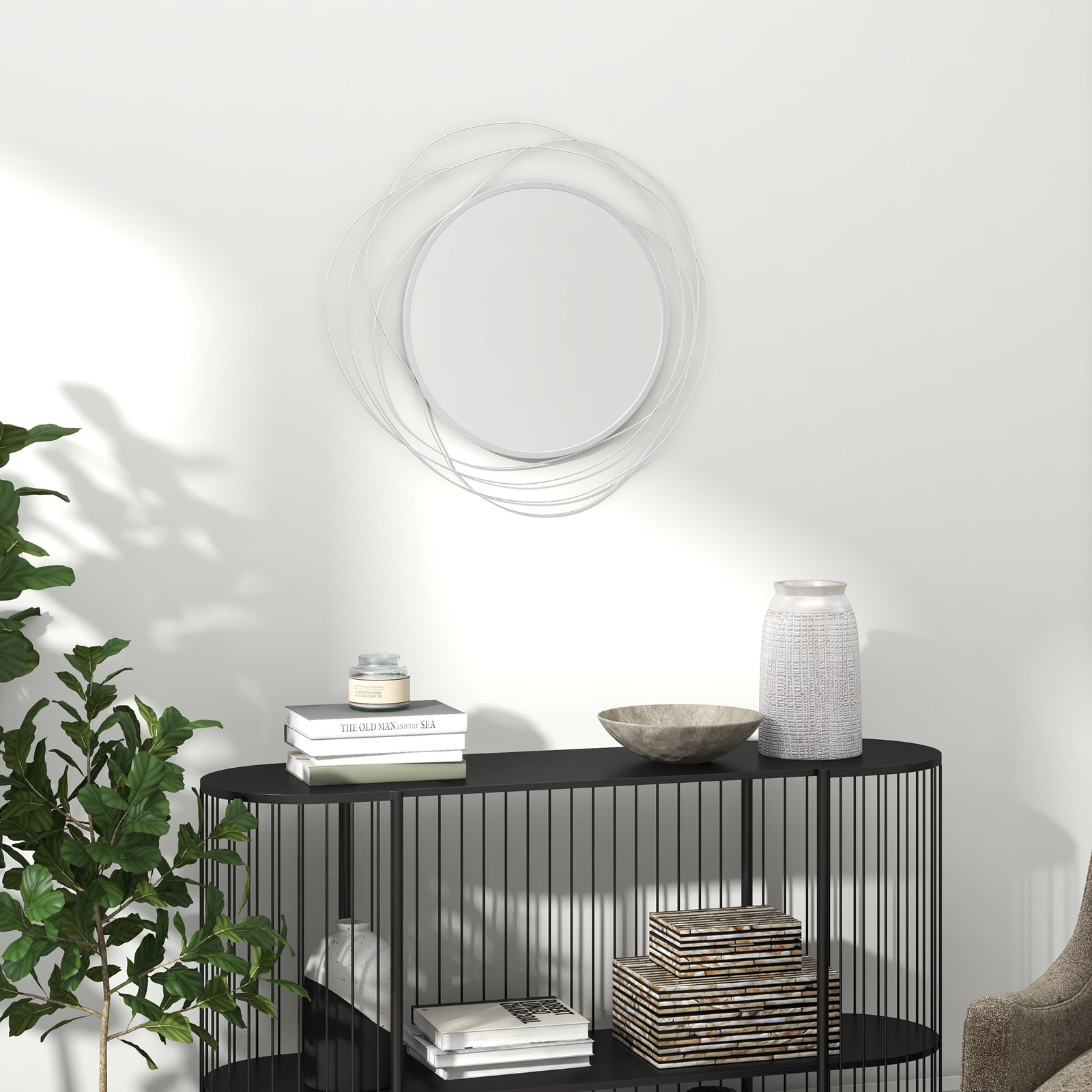Metal Wall Art 65cm Round Mirror For Living Room | One Size | Silver