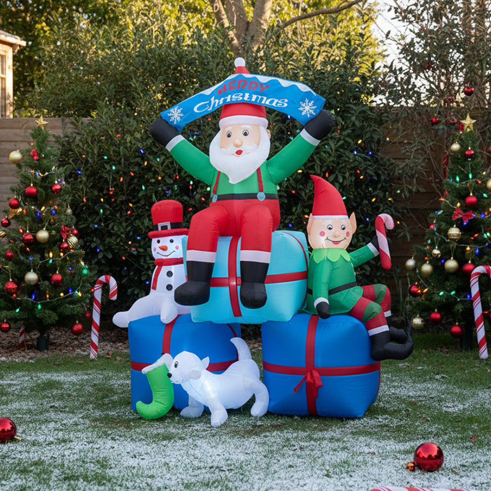 2.2m H Inflatable Santa, Snowman & Elf On Gift Boxes – Outdoor Christmas Decoration With Led Lights, Air Blower & Accessories