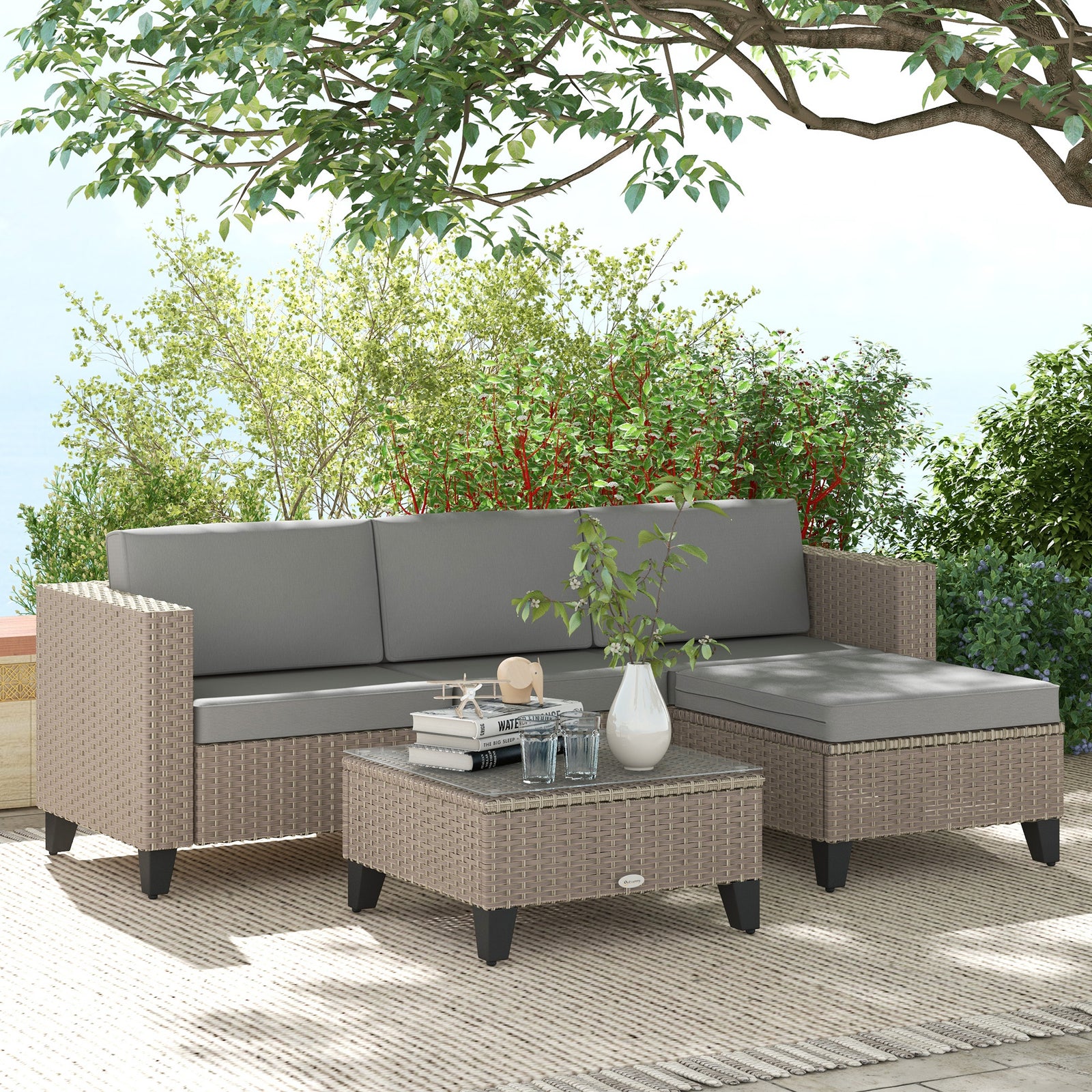 Rattan Garden Furniture Set W/ Corner Sofa, Table, Cushion | Brown
