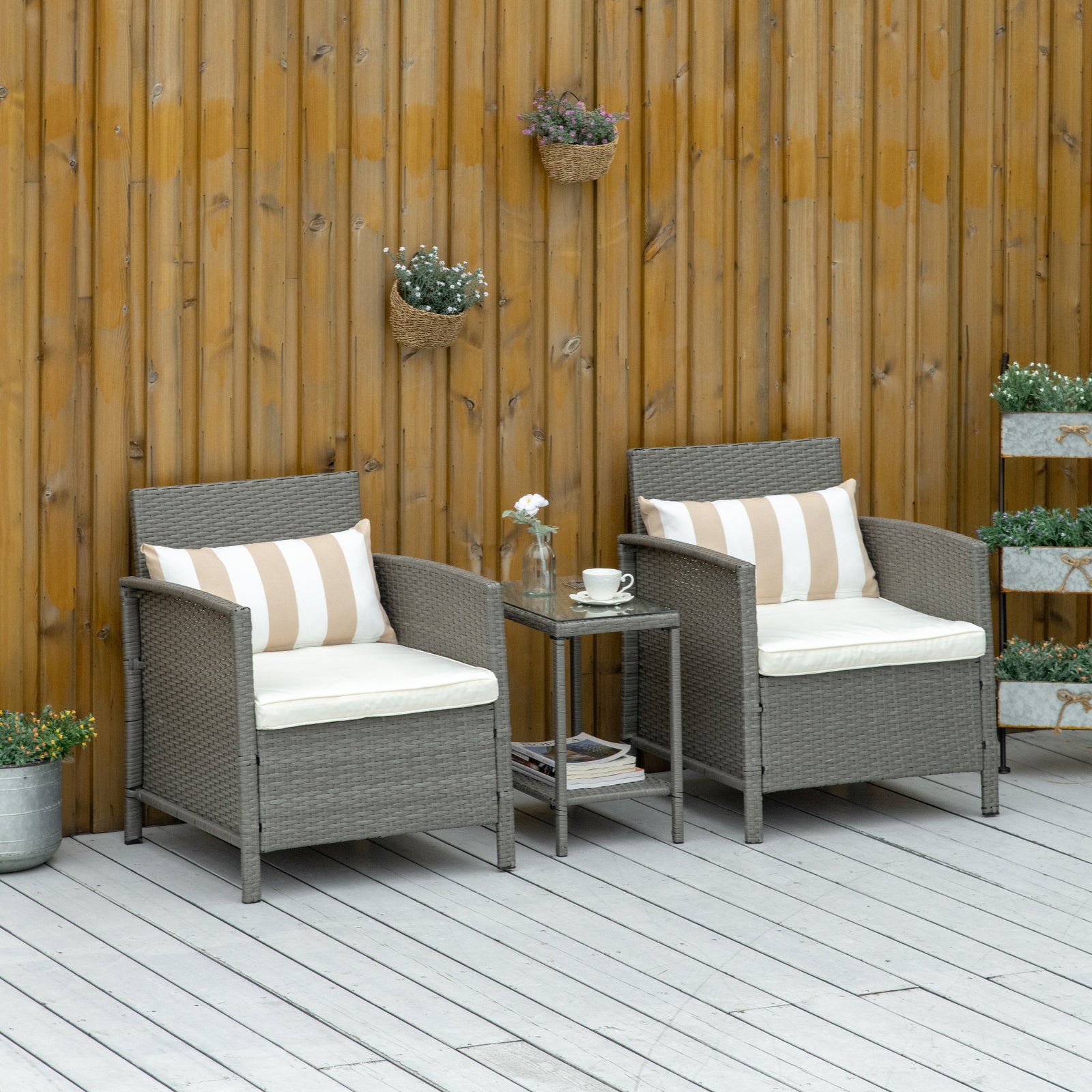 3 Pc Outdoor Rattan Sofa Set W/ Chairs Coffee Table Cushion | Light Slate Gray