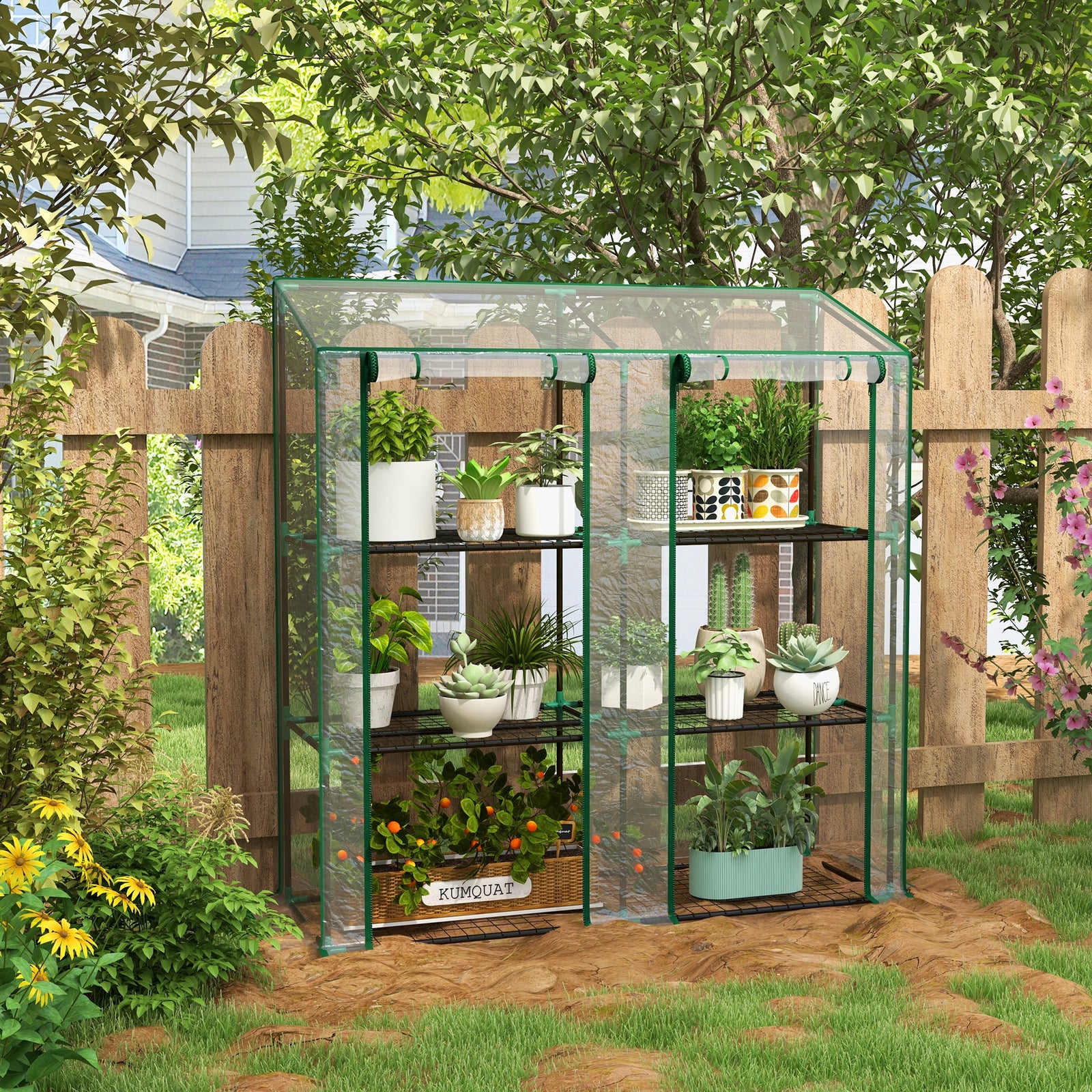 3-tier Mini Greenhouse W/ Roll-up Doors 151x143cm