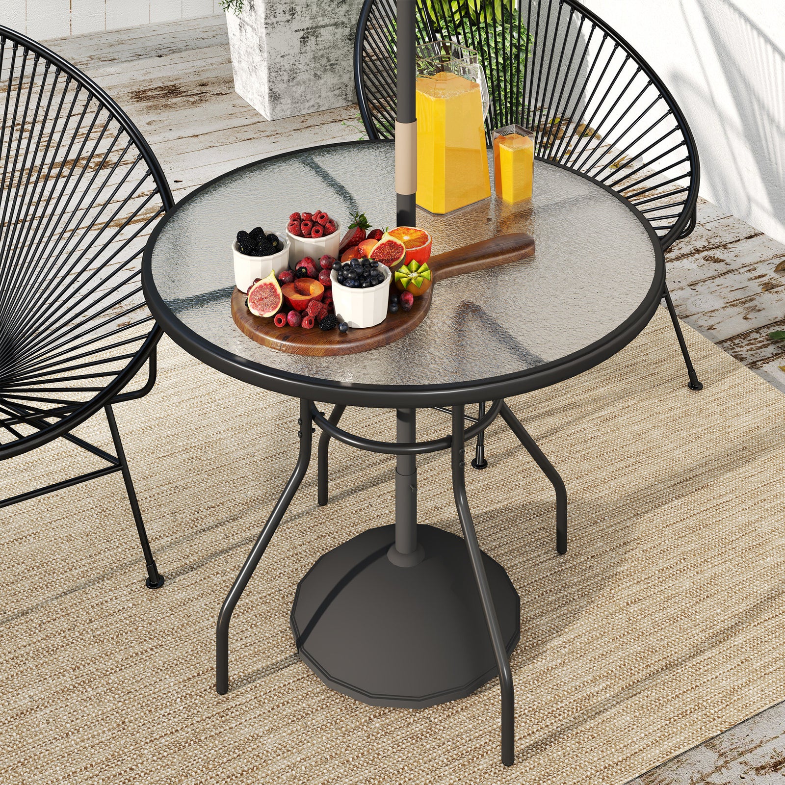 Outdoor Round Dining Table Tempered Glass Top W/parasol Hole