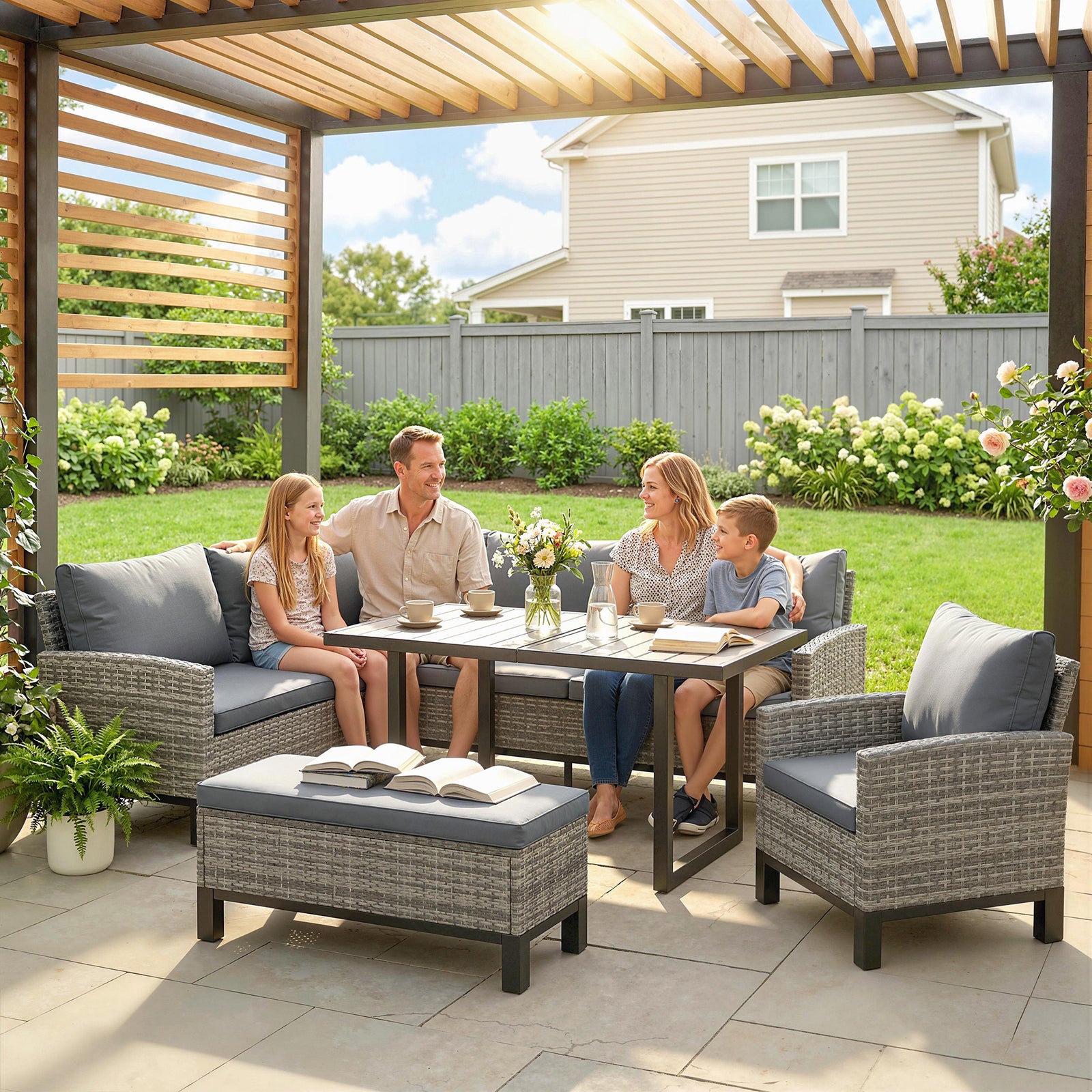 Outsunny Rattan Garden Furniture Sofa Set, Outdoor Dining Set For 9, Grey