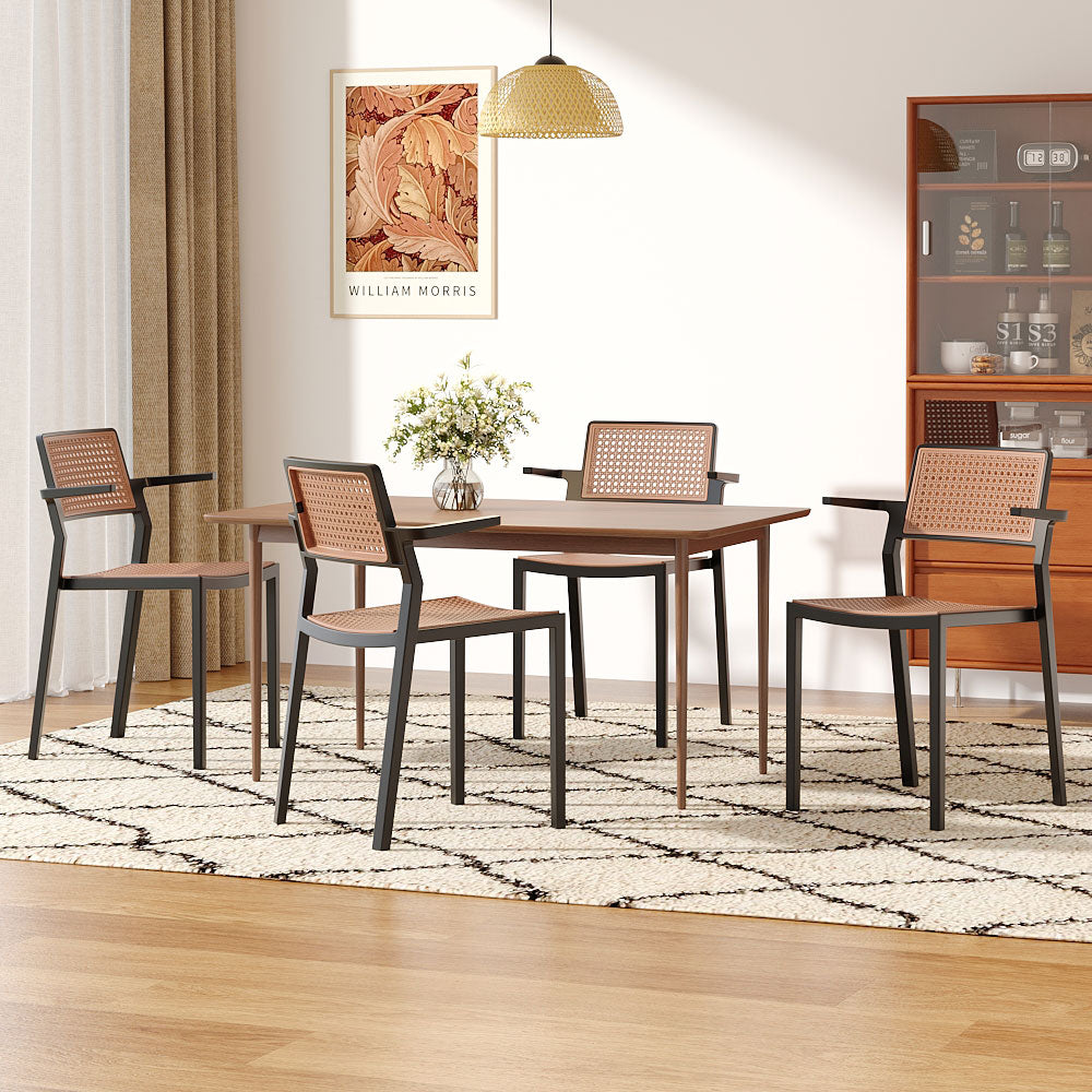 Set Of 4 Pseudo-rattan Pp Dining Chair With Armrest | Black