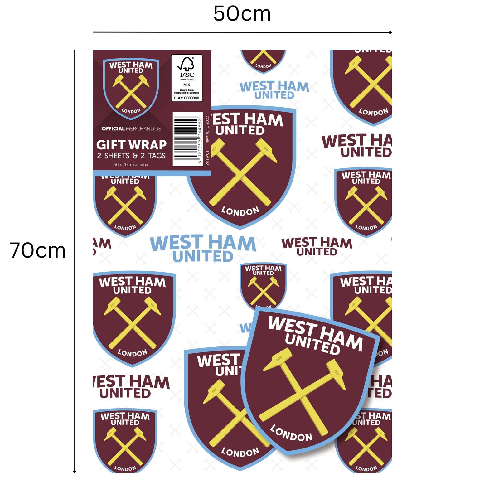 West Ham United FC Gift Wrap, 2 Sheet 2 Tag, Official Product