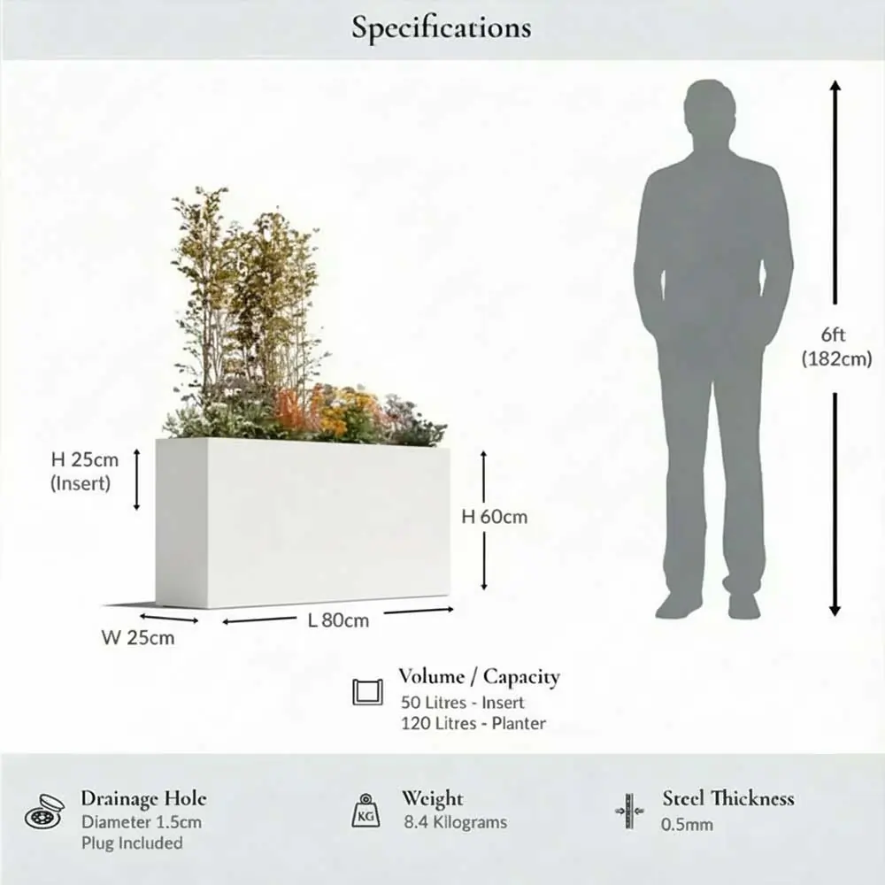 Long Zinc Galvanised Tall Trough Planter | 80cm x 25cm x 60cm | White
