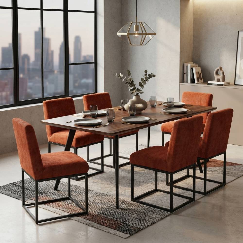 Set Of 2 Chenille Upholstered Dining Chairs With Black Metal Legs | Orange