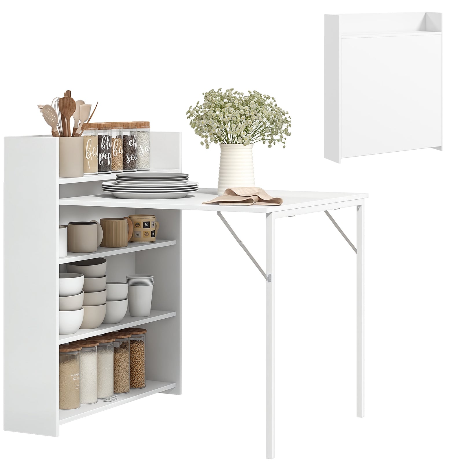 Folding Dining Table, Kitchen Table With Shelves | White