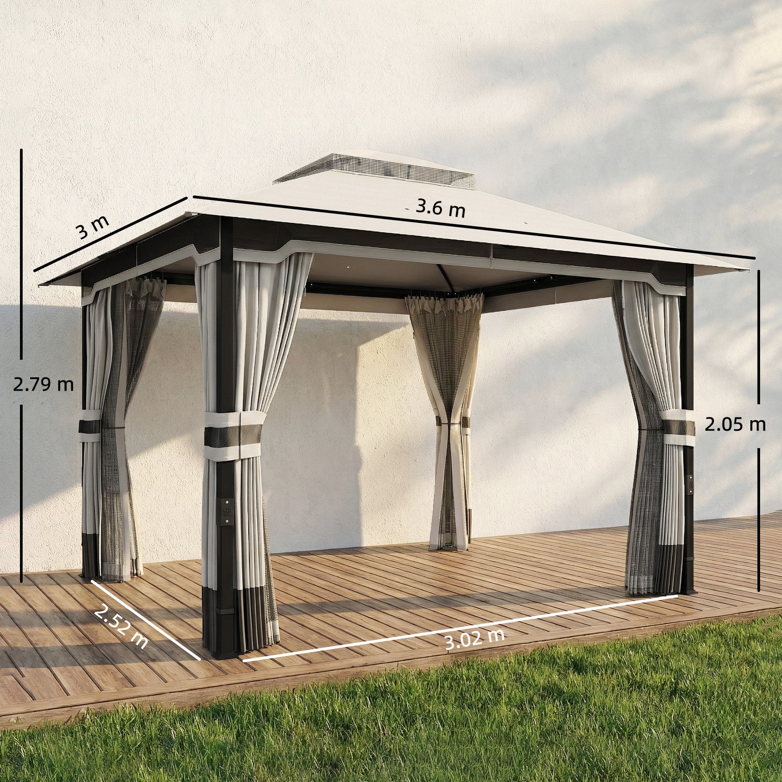 3 X 3.6 M Outdoor Garden Gazebo With Netting, Curtains | Light Grey