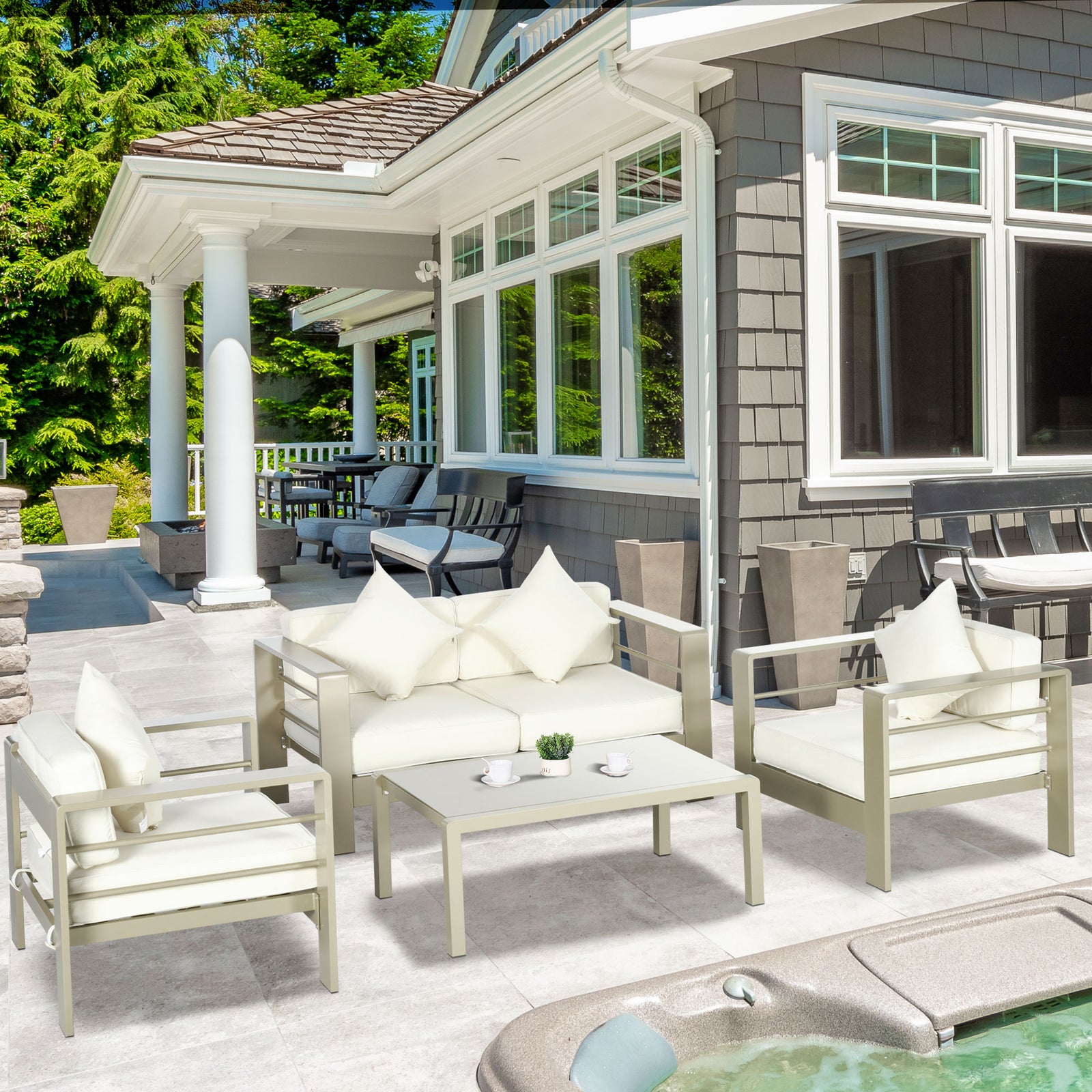 4 Pieces Outdoor Frame Garden Set W/ Cushion