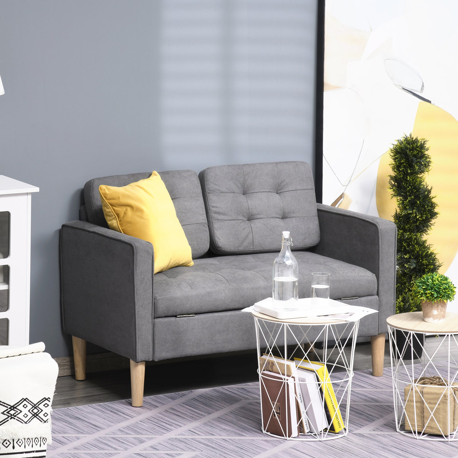 Compact Loveseat 2 Seater Sofa With Storage Wood Legs | One Size | Gray