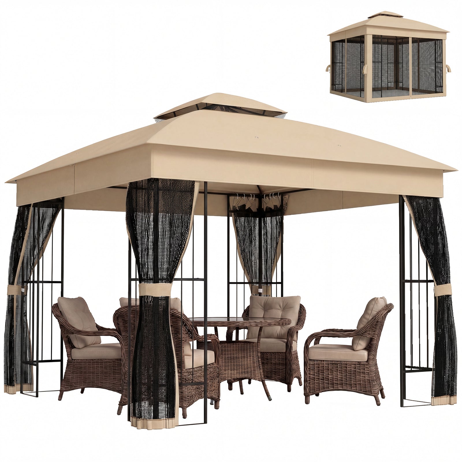 3 X 3 M Garden Gazebo With Shelves, Upf50+ Permanent Gazebo | Brown