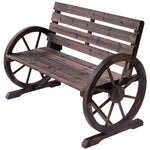 2 Seater Garden Bench W/ Wooden Cart Wagon Wheel Rustic Back | Brown
