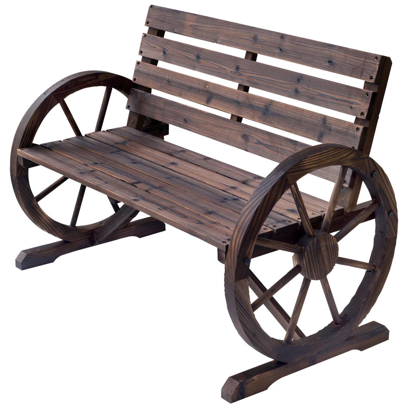 2 Seater Garden Bench W/ Wooden Cart Wagon Wheel Rustic Back | Brown